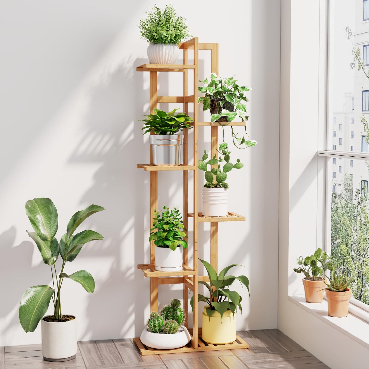 DolceLuna Plant Stand Indoor Corner, Tiered Bamboo Plant Shelf 46 Inch Tall, Plant Rack 6 Tier for Multiple Small Plants, Flower Holders for Living Room Bedroom Window Patio Balcony, Natural