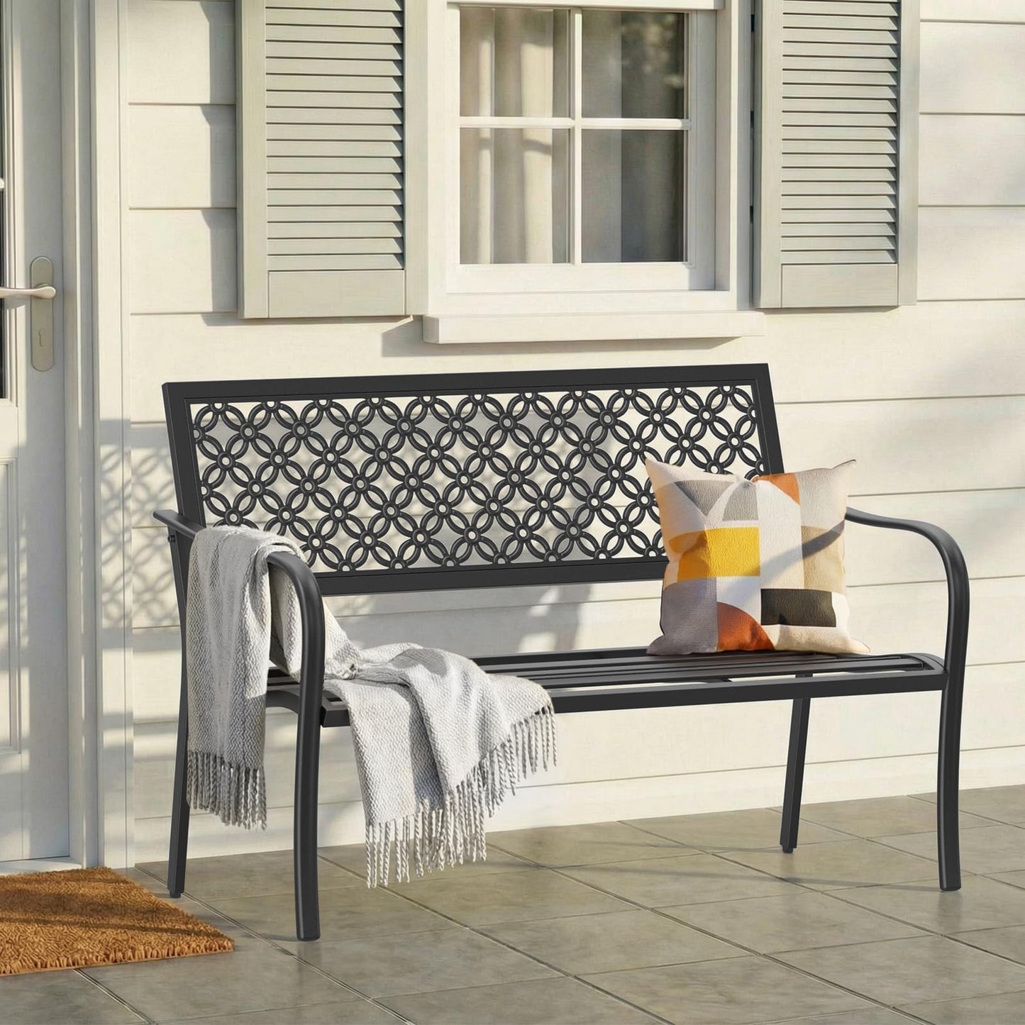 50" Outdoor Bench Weatherproof, 700 lbs Capacity Heavy Duty Garden Benches with Galvanized Metal Frame, Patio Bench with Floral Backrest, Patio Furniture for Porch, Park, Yard, Entryway, Black