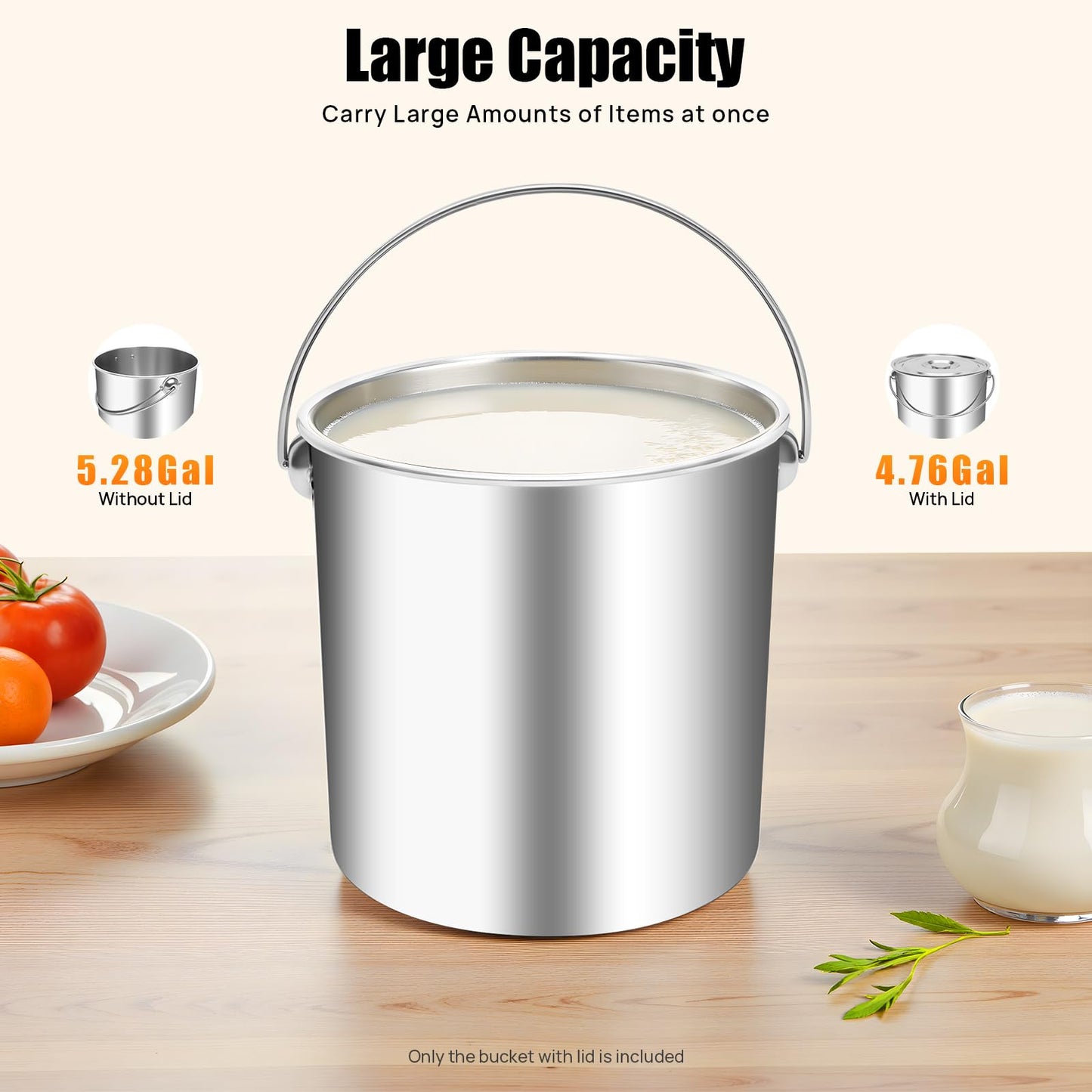 5 Gallon Stainless Steel Bucket with Hanging Lid, Food Grade 304 Metal Pail for Storage, Commercial Kitchen, Pet Food, Cleaning - 1.6mm Thick, Mirror Finish (5 Gal)
