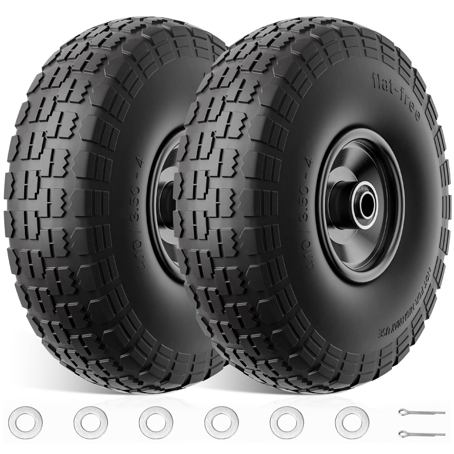 2 Pack 4.10/3.50-4 Tire and Wheel Flat Free, 10 inch Wheels 5/8" Bearings, 2.2" Offset Hub, Solid Tires for Garden Cart, Wheelbarrow, Hand Truck, Lawn Cart, Dolly, Wagon Wheels Replacement