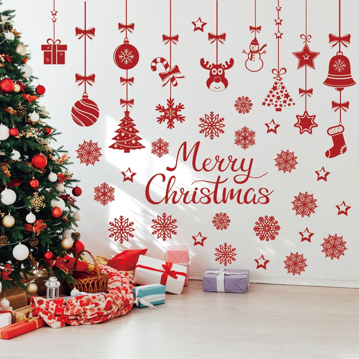 48.42 x 43.31 Inch Merry Christmas Wall Decal Christmas Light Ball Snowflake Deer Wall Sticker Decor for Xmas Holiday Party Supplies Home Wall Decor