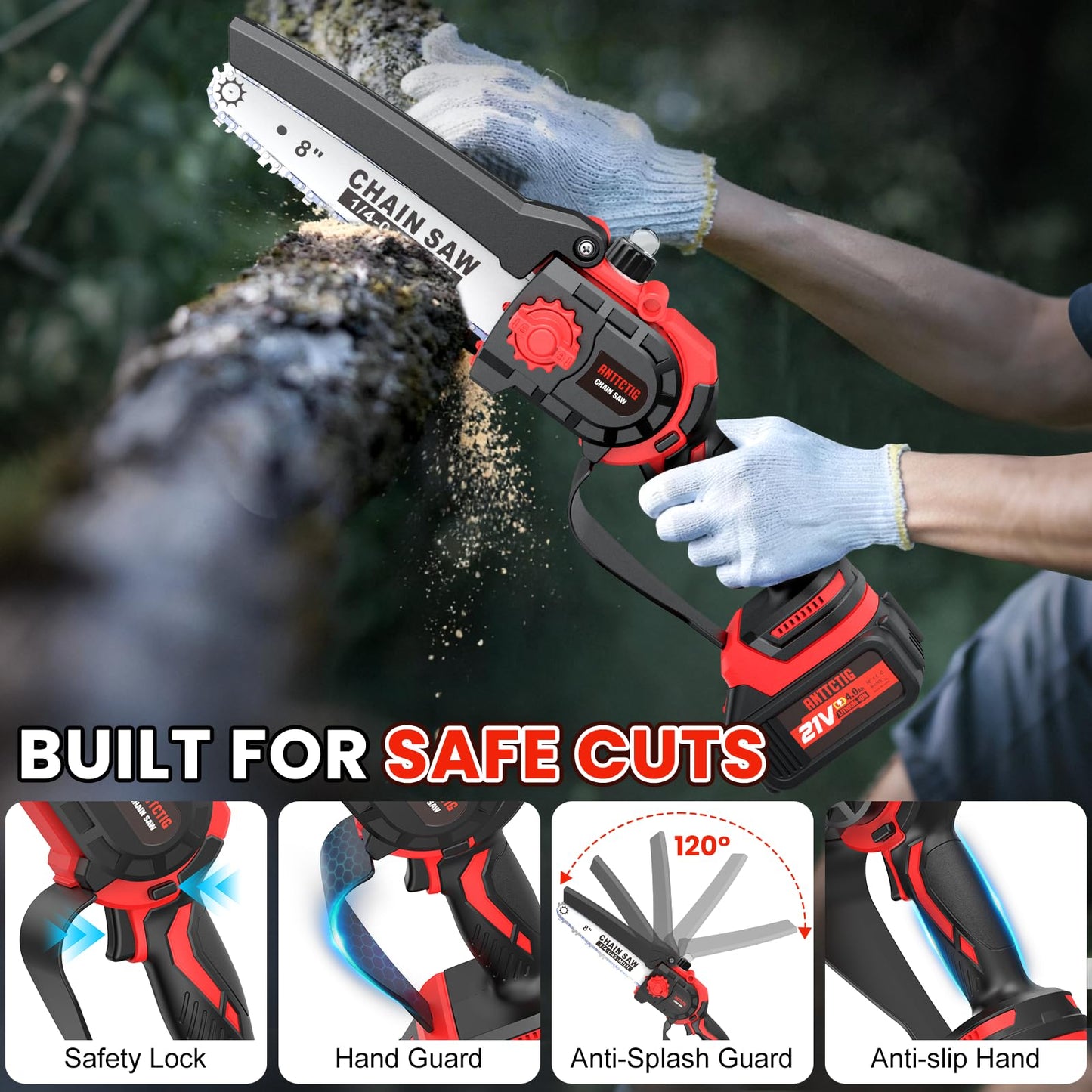 Upgraded 2-in-1 Cordless Pole Saw & 8 Inch Mini Chainsaw, Battery Powered Tree Trimmer with 6.6ft(2m) Extension Pole, 21V 4.0Ah x2 Batteries, Electric Chainsaw for Branch, Limb & Wood Cutting