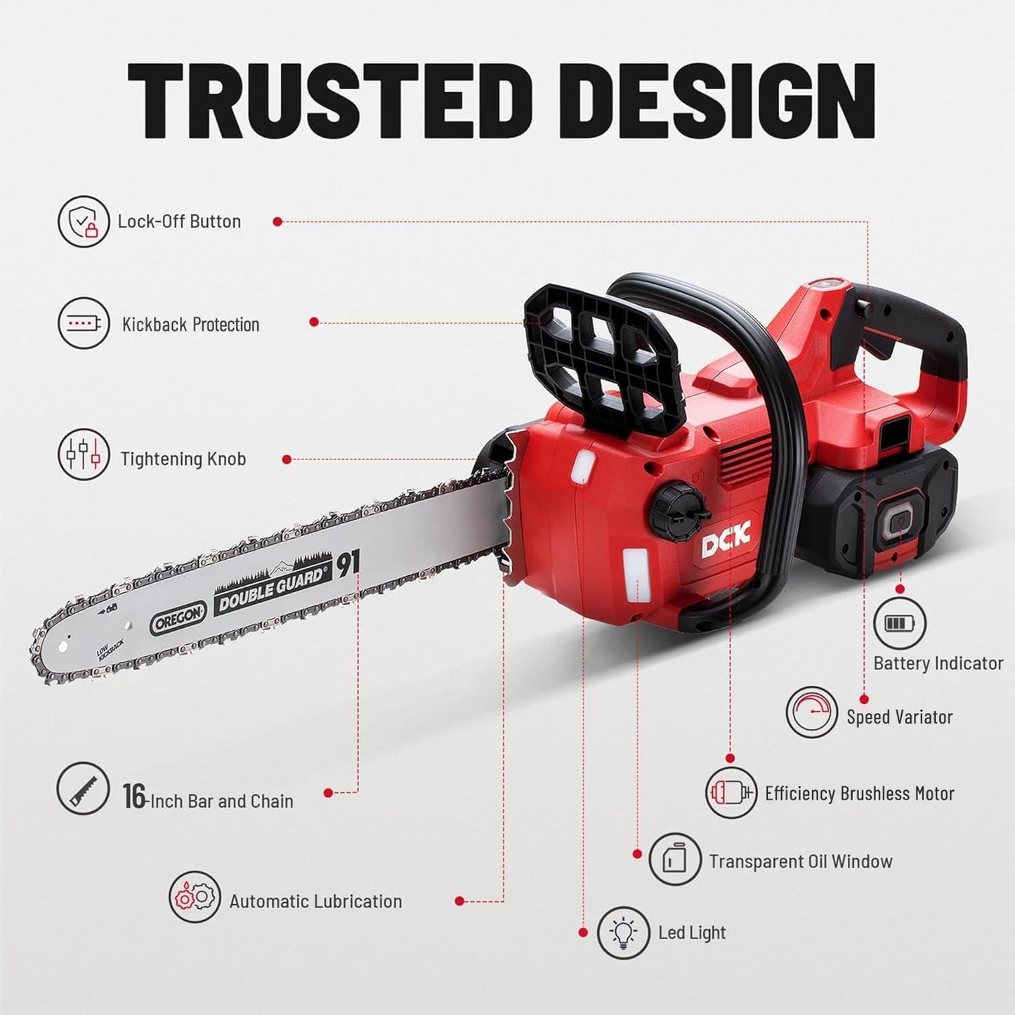 DCK 58V Cordless Chainsaw Electric Brushless Chain Saw, 16 Inch Battery Powered Chainsaw with 4.0Ah Battery and 5A Charger for Wood Cutting, Light Felling, Limbing, Firewood, Pruning (KDCS58161BDM)