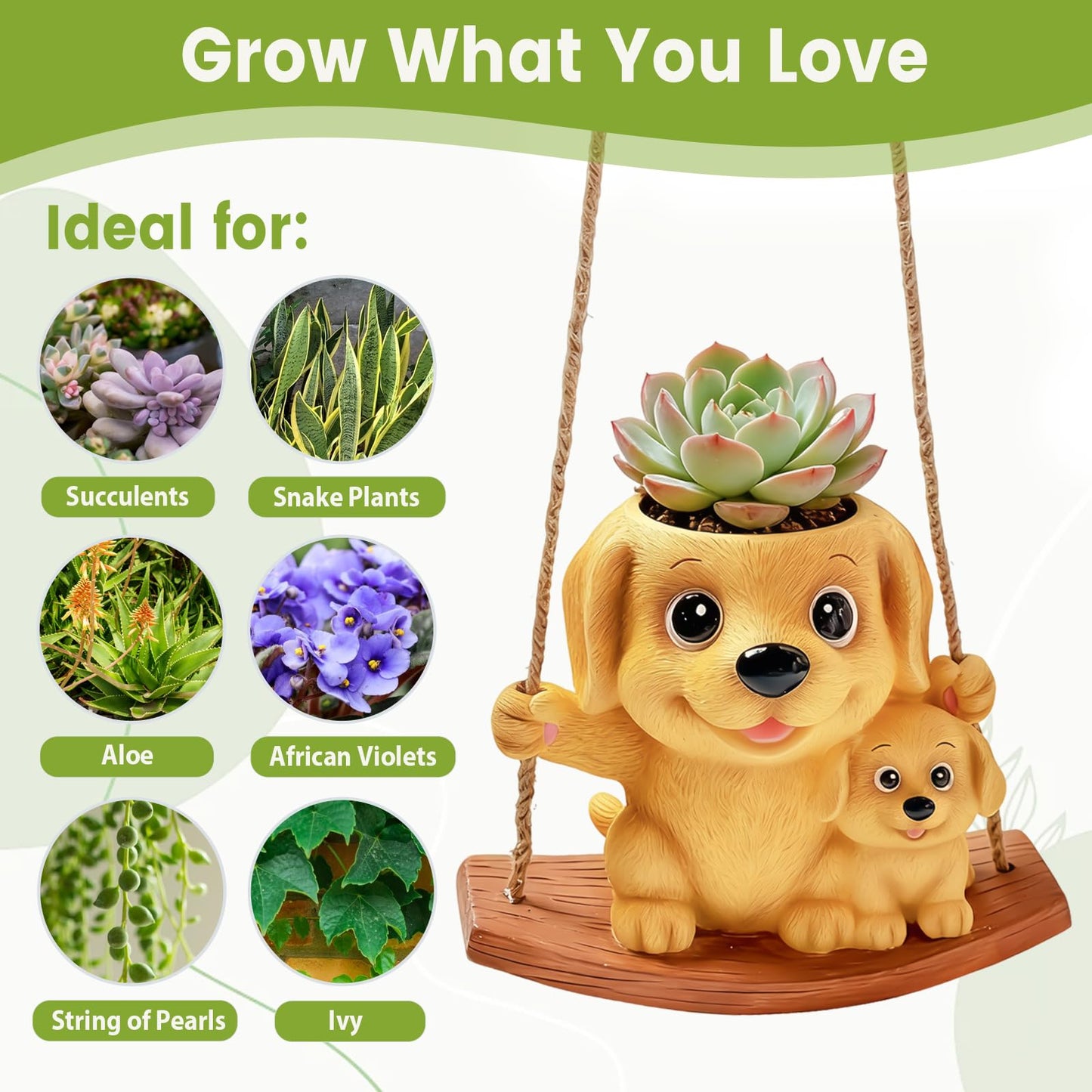 Pinkoriart Swing Dog Hanging Planters for Indoor Plants, Cute Small Succulent Pots with Drainage Hole, Unique Resin Plant Hangers Outdoor, Hanging Plant Holder for String of Pearls