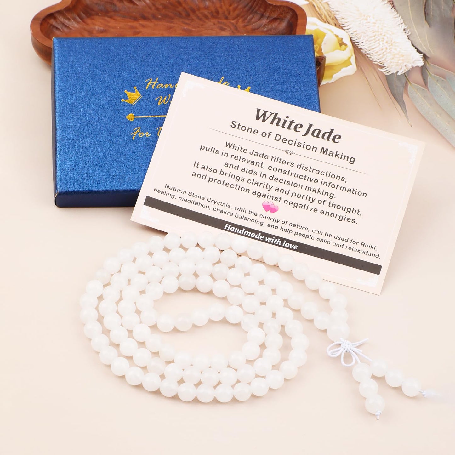 AD Beads 8mm 108 Prayer Mala White Jade Elastic Bracelet - Decision Making - Handmade Yoga Meditation Healing Power Energy Gifts for Unisex Adult.
