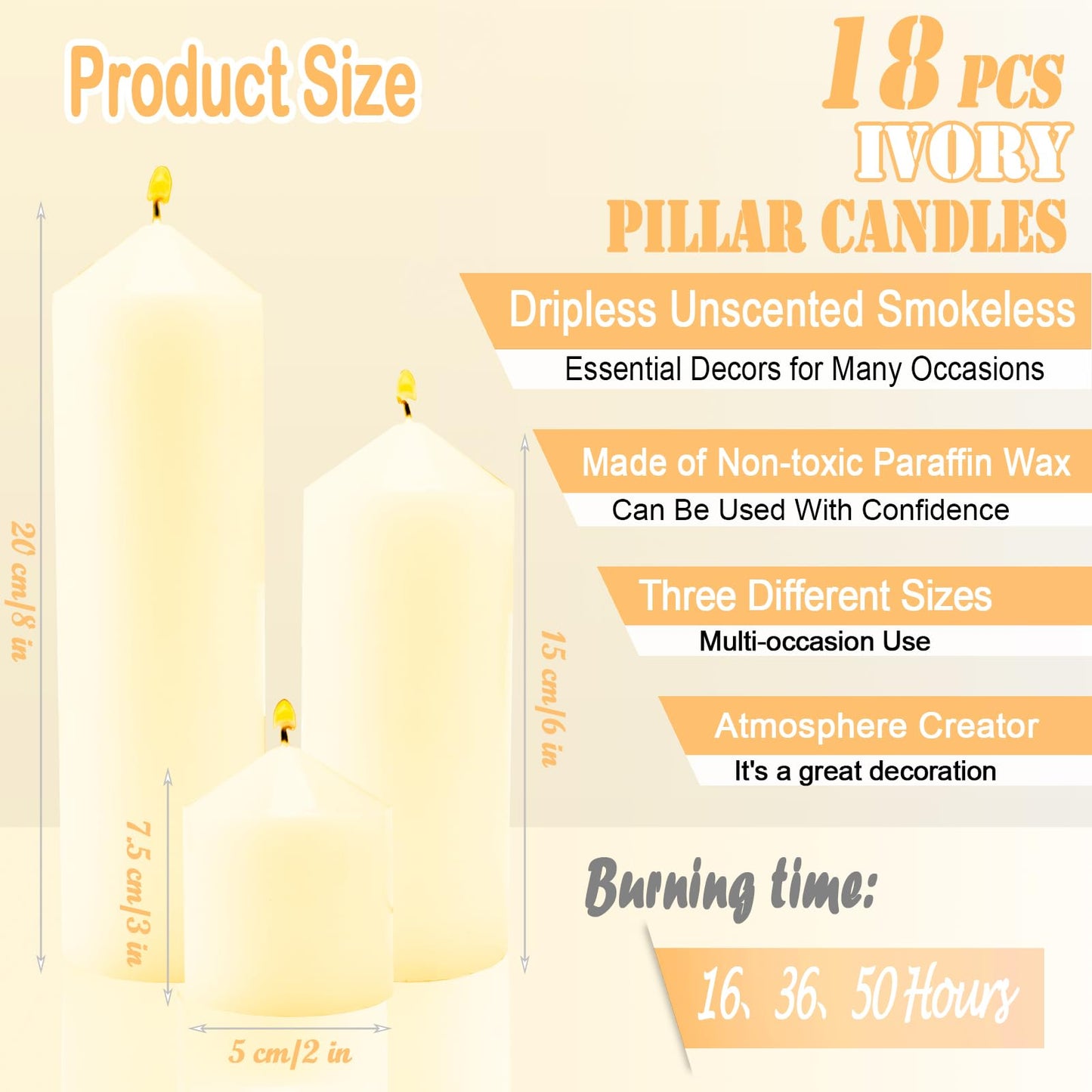 Veiuwa 18 Pcs Ivory Pillar Candles Bulk Set，2x3 2x6 2x8 Inch - 12 Each Size，Hurricane Candles，Dripless Unscented Smokeless，Gives You a Better Atmosphere When Organizing Wedding or Event Party.