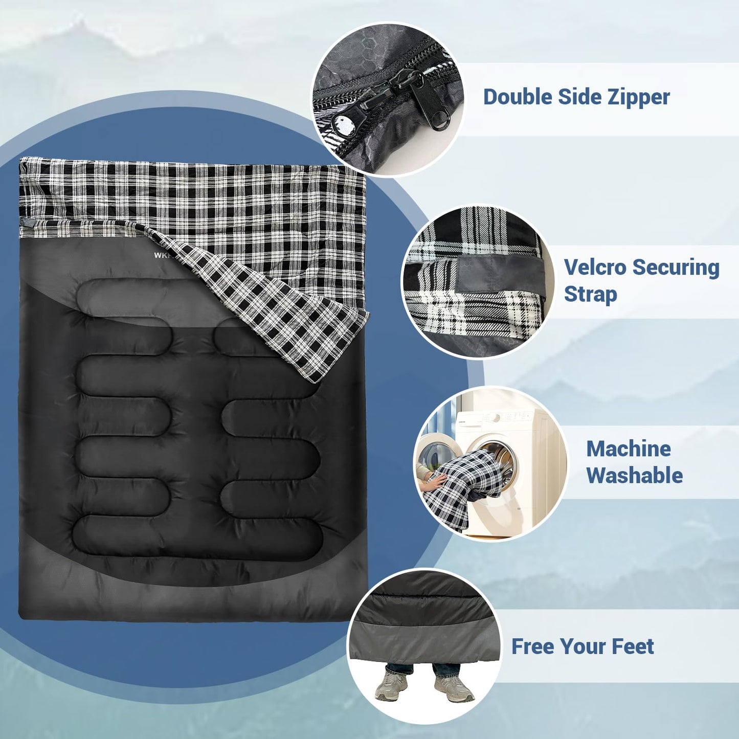 WKFAMOUT Cotton Flannel Double Sleeping Bag for Adults Machine Washable 2 Person Camping Sleeping Bag Queen Size Waterproof with Compression Sack for Cold Weather 3-4 Seasons