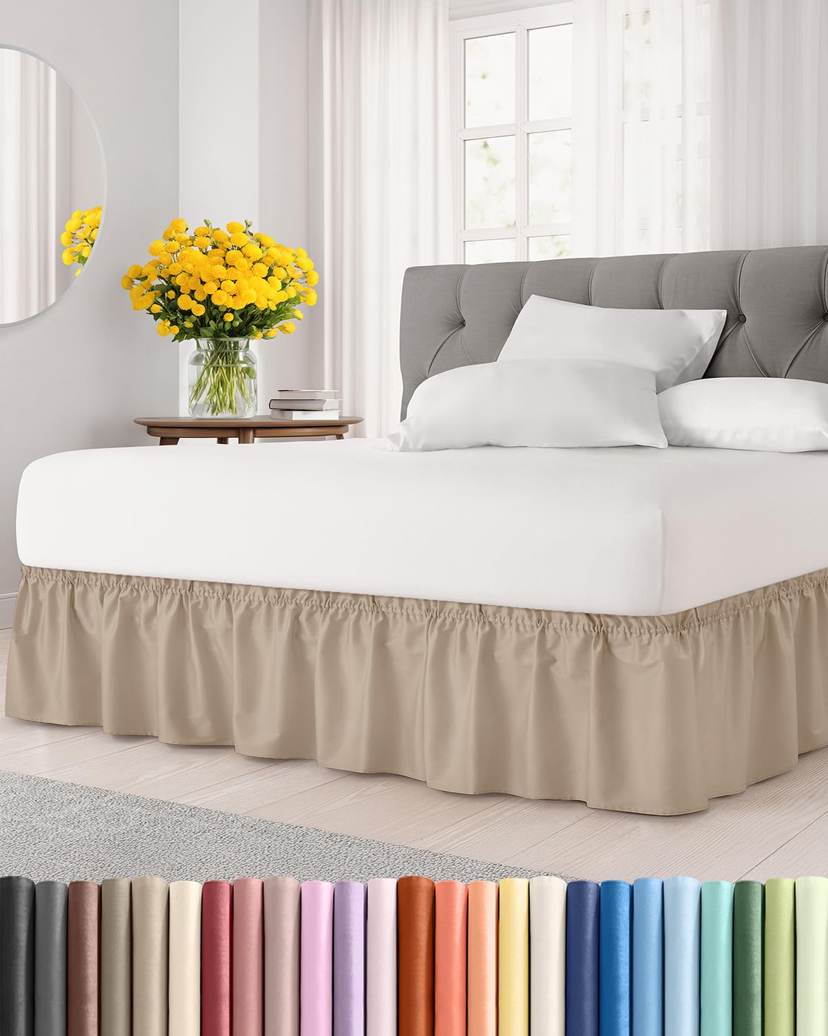 Wrap Around Dust Ruffle Bed Skirt - Cream - for Queen Size Beds with 15 in. Drop – Easy Fit Elastic Strap - Pleated Bedskirt with Brushed Fabric - Wrinkle Free, Machine Wash - by CGK Linens