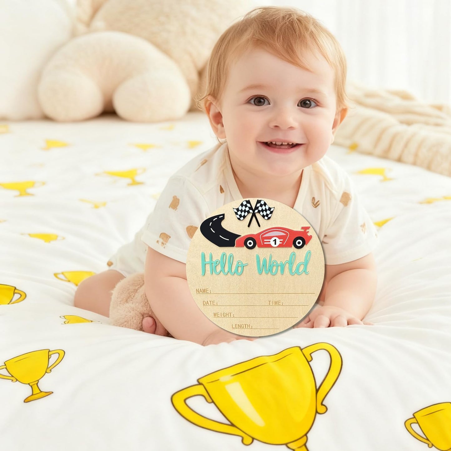 Baby Announcement Sign, 5.9 Inch Wooden Hello World Newborn Sign,Welcome Baby Signs,Birth Announcement Signs,Newborn Name Personalized for Photo Prop race car Design Hospital Nursery (Green,Red car)