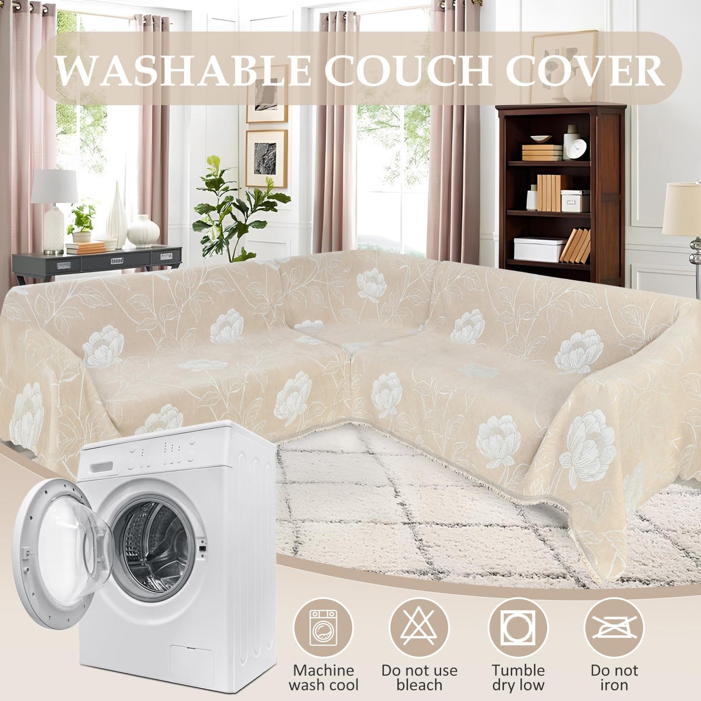 SYJOVIA 1OO% Waterproof Sectional Couch Covers for Dogs L Shaped Corner Sofa Cover Washable Chenille Sofa Slipcovers Blanket Modern Jacquard Pet Furniture Protector (91"x252", Beige Flower)