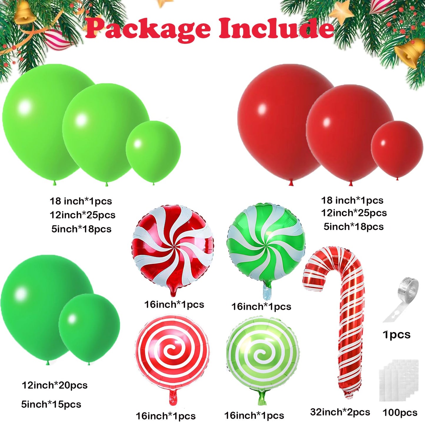Christmas Balloon Arch Kit -129pcs Christmas Balloons With 18inch 12inch 5inch Green Red Lime Green Latex Balloons Candy Cane Balloons For Xmas Party Decorations
