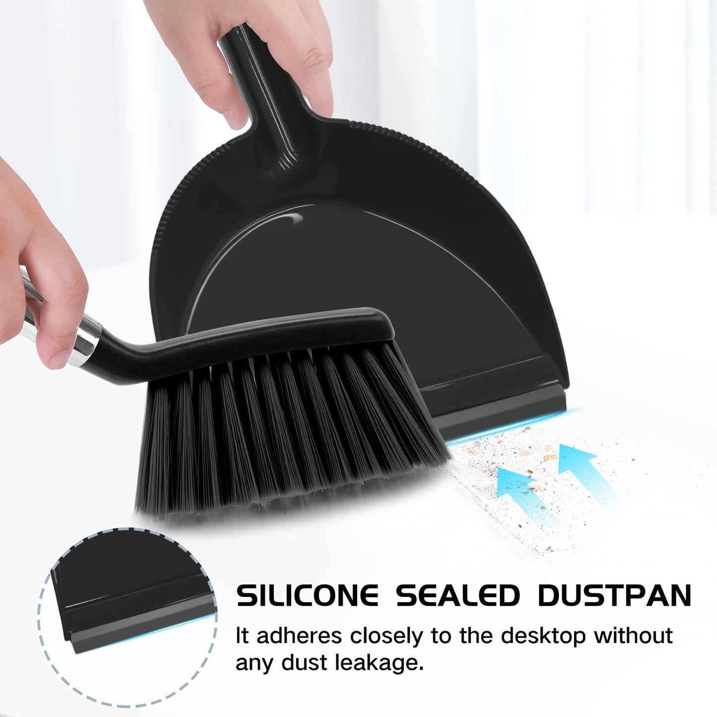 NACENA Mini Broom and Dustpan Set 2 Packs, Small Dust Pan and Brush Set with Handle Dustpan Teeth for Cleaning Hair Suitable for Office Desks Drawers Sofas Outdoor Camping, Black