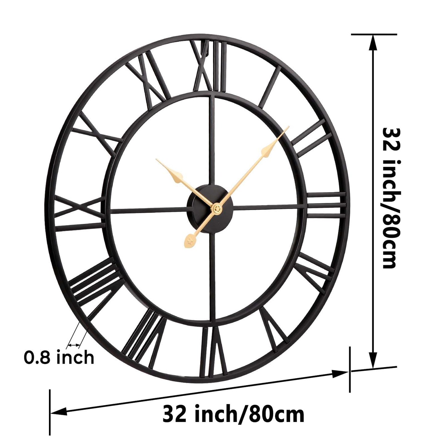 Vantic 32 Inch Large Wall Clock, Roman Numeral Metal Oversized Wall Clocks for Living Room Decor, Bedroom and Kitchen, Completely Silent, Non Ticking, Battery Operated