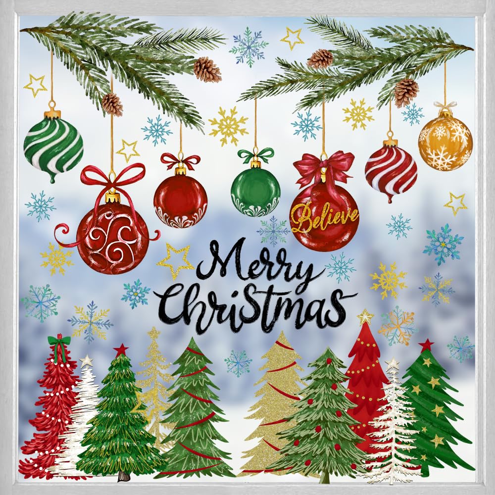 Heirloom Haven 6 Sheets Christmas Window Clings Stickers, Oil Painting Xmas Tree Ball Pine Needle Window's Decals Winter Snowflake Stickers for Home Office Glass Window Decoration