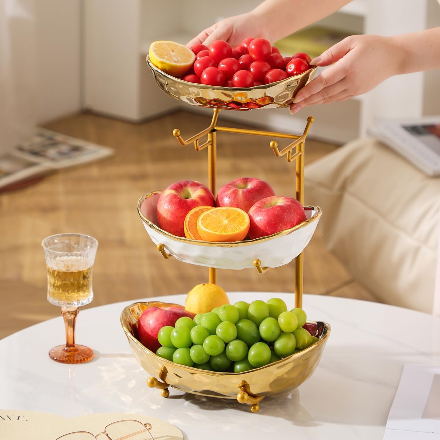 YYW 3-Tier Ceramic Fruit Bowl with Metal Stand - Elegant Countertop Organizer for Kitchen/Living Room, Holds Desserts, Snacks & Nuts - Home & Party Use (Golden)