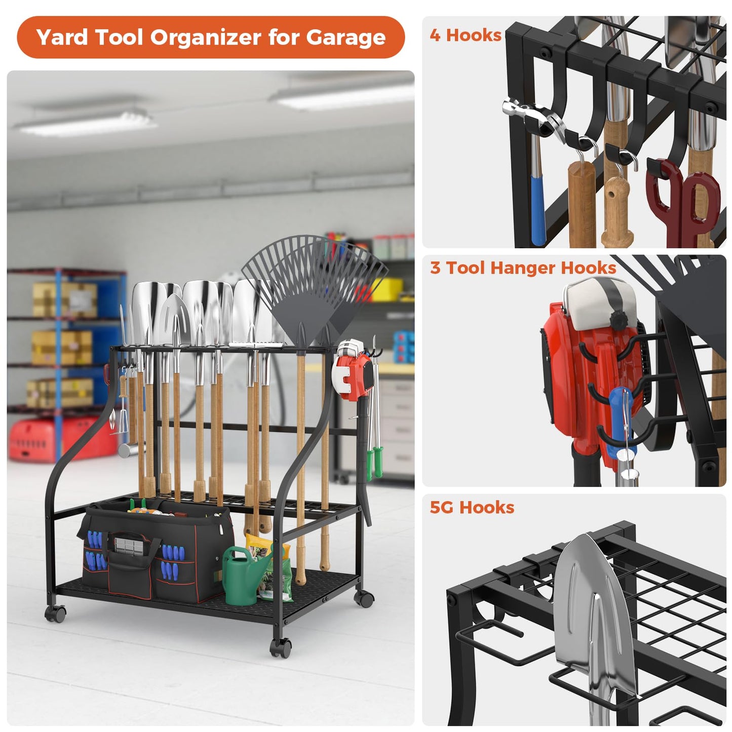 Garden Tool Organizer with Wheels, 3-Tier Yard Tool Storage with Hooks, Heavy Duty Steel Tool Rack Stand for Broom Shovel Long Handled Tools, Garden Tool Holder for Garage Shed Outdoor, Black
