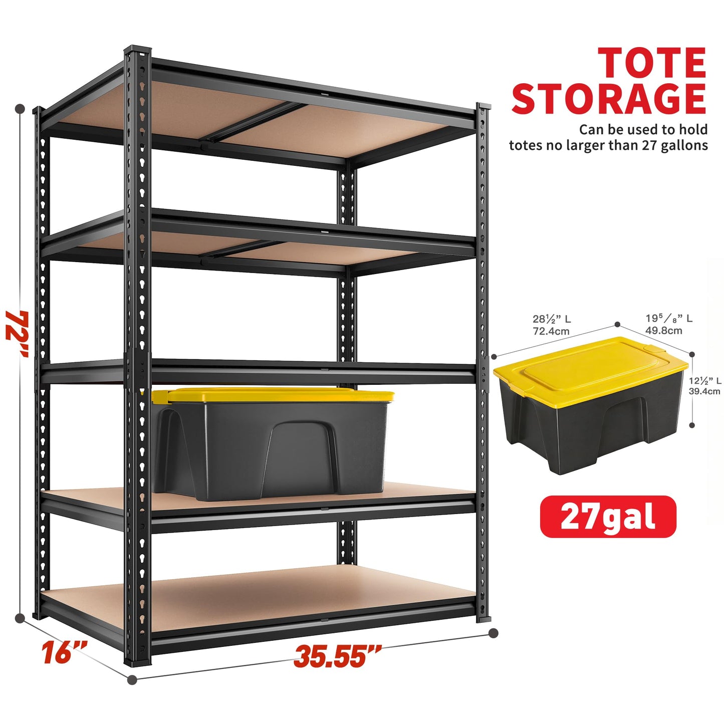 REIBII 2400LBS Storage Shelves 5 Tier Garage Shelving Heavy Duty, Adjustable Metal Shelving Unit, Garage Shelves for Basement, Warehouse, Pantry, Closet, Kitchen 72" H x 35.55" W x 16" D, Black
