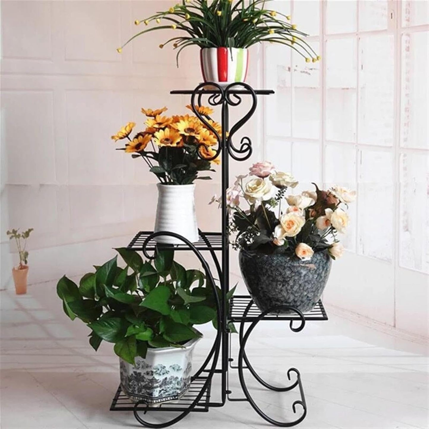 YEDECOR Plant Stand, Heavy Duty Metal Planter Holder Indoor Outdoor, 4 Tier Flower Pot Display Rack, Corner Plant Shelf for Garden Patio Living Room Flower Stand,Black