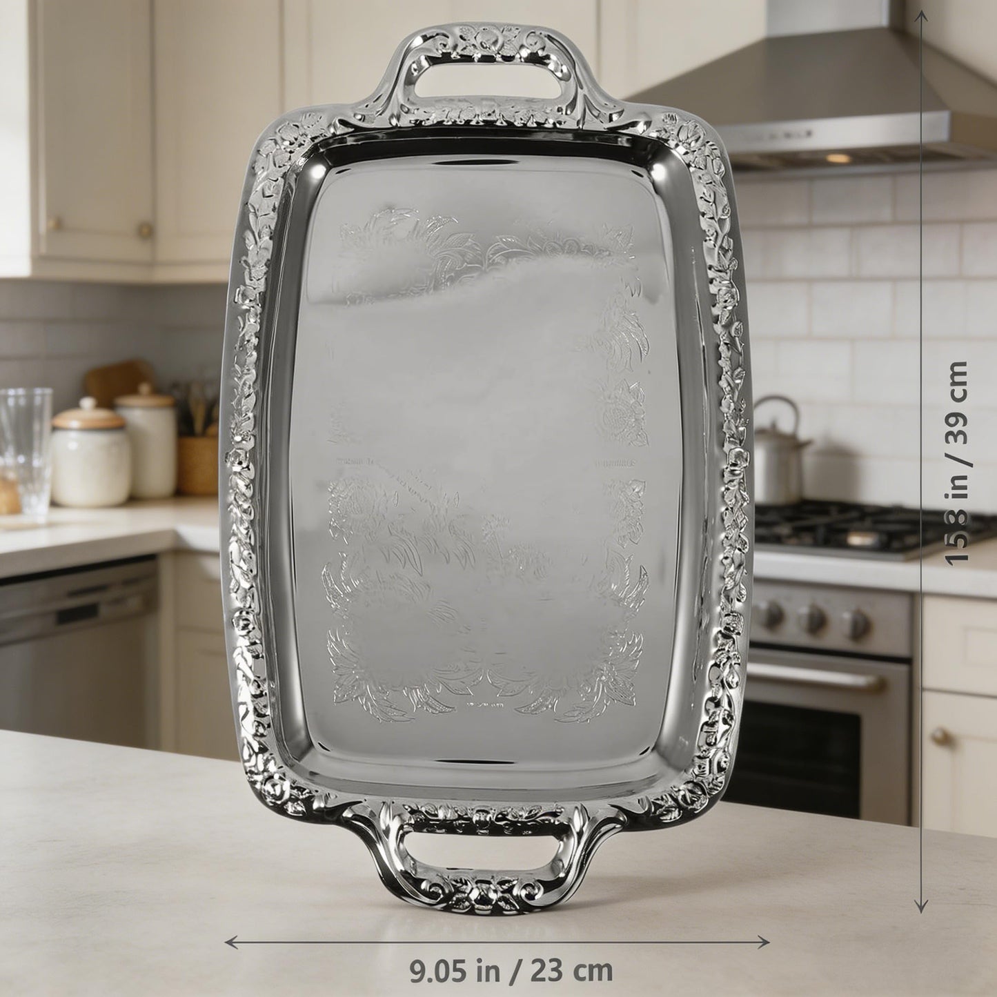 Rectangular Silver Serving Tray, Vintage Metal Tray for Whiskey Decanter Candlesticks Vanity Perfume and Snack Bread Breakfast Fruit Serving Dish