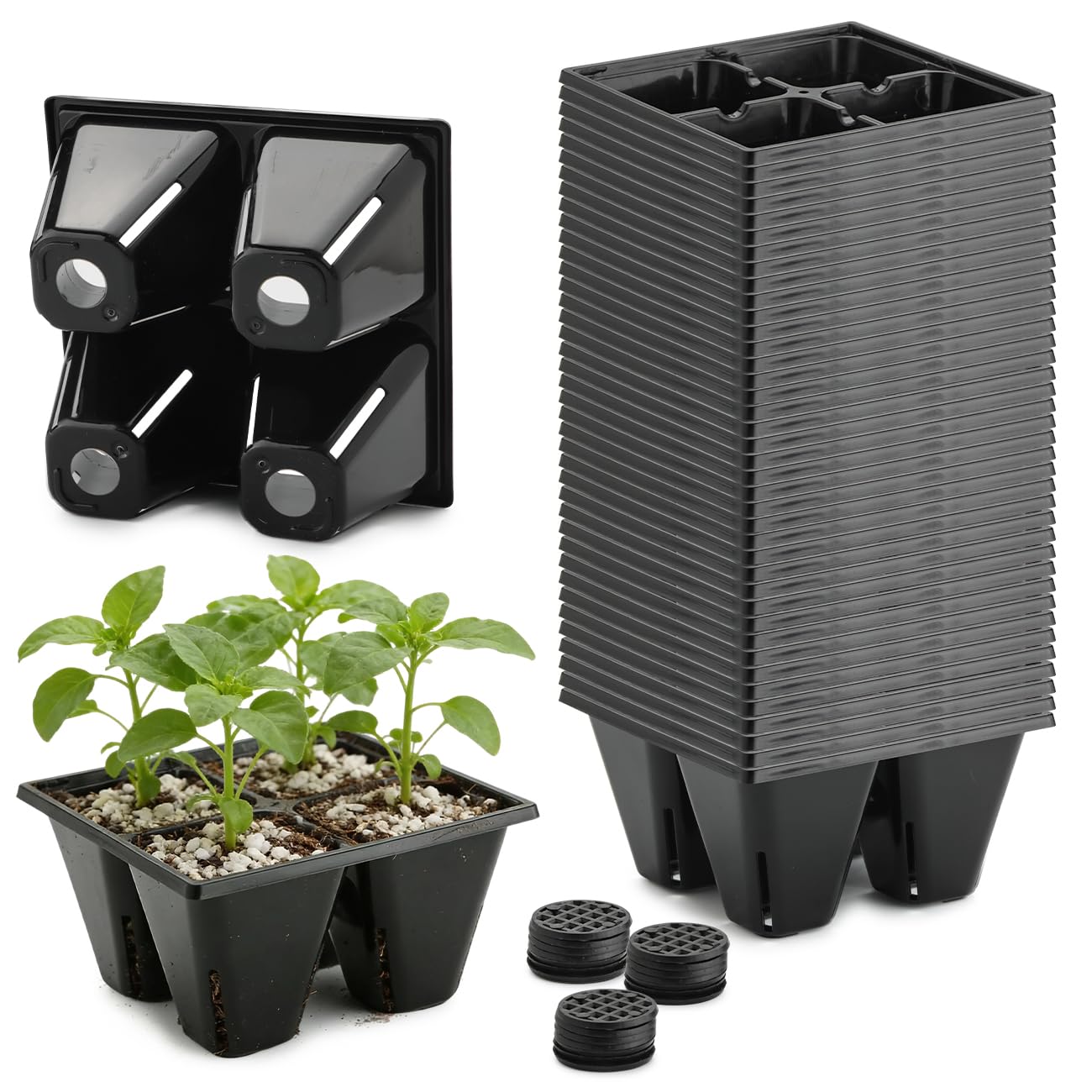 RooTrimmer 40 Pack Reusable 4-Cell Seed Starter Tray for Seedlings, Deep Large Cell Plant Starter Trays with Drainage Holes for Seed Germination, Easy Transplant, Fits Standard 1020 Flats, Black