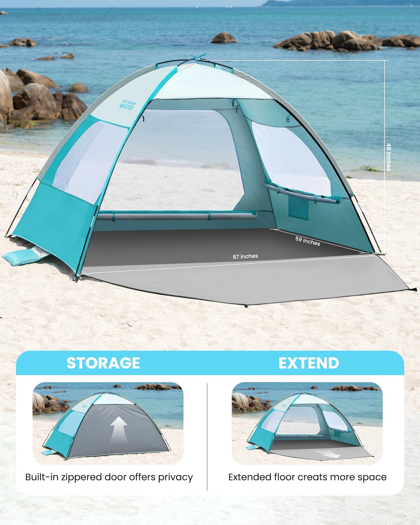 OutdoorMaster Beach Tent for 3/4 Person - Easy Setup Sun Shade Shelter, Portable Beach Shade Sun Canopy with UPF 50+ UV Protection, Removable Skylight Family Size - 3 Person Olive Green