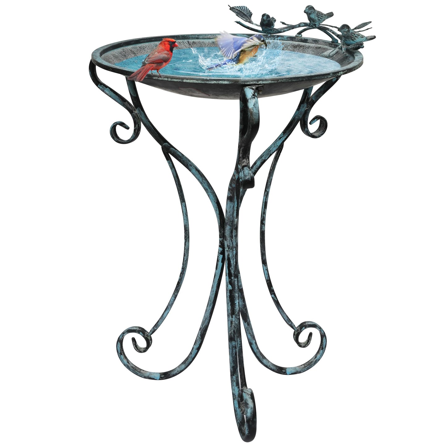 Solution4Patio 16.7" Metal Bird Bath with Perch - Rust-Resistant Outdoor Garden Decor, Shallow Wide Bowl & Foldable Stand for Birds/Plants