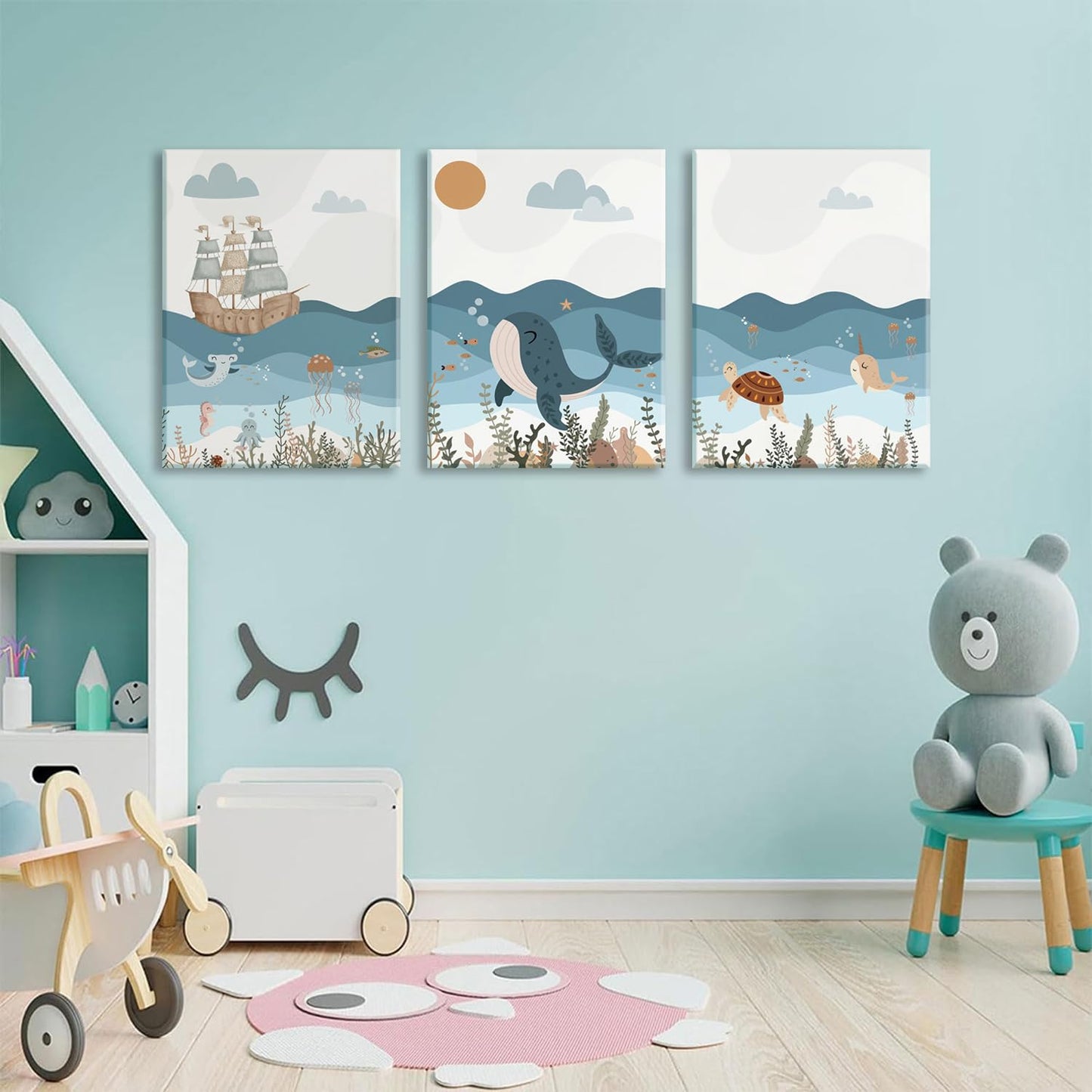 LYPHNX Framed Blue Ocean Nautical Nursery Canvas Wall Art Sea Turtle Whale Animal Painting Picture Set of 3 Kids Prints Poster Wall Decor for Baby Boys Girl Children's Room Bedroom Bathroom 12"x16"