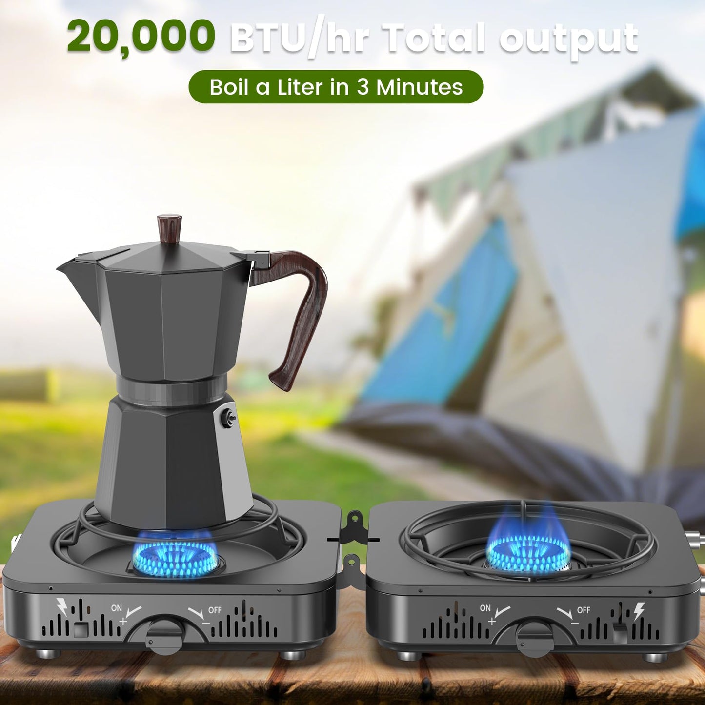 2 Burner Propane Camping Stove, 20000 BTU Foldable Portable Camp Stove with Piezo Ignition & Adjustable Burners, Outdoor Gas Cooker with Carry Bag for Camping, RV, Tailgating & Emergency Use