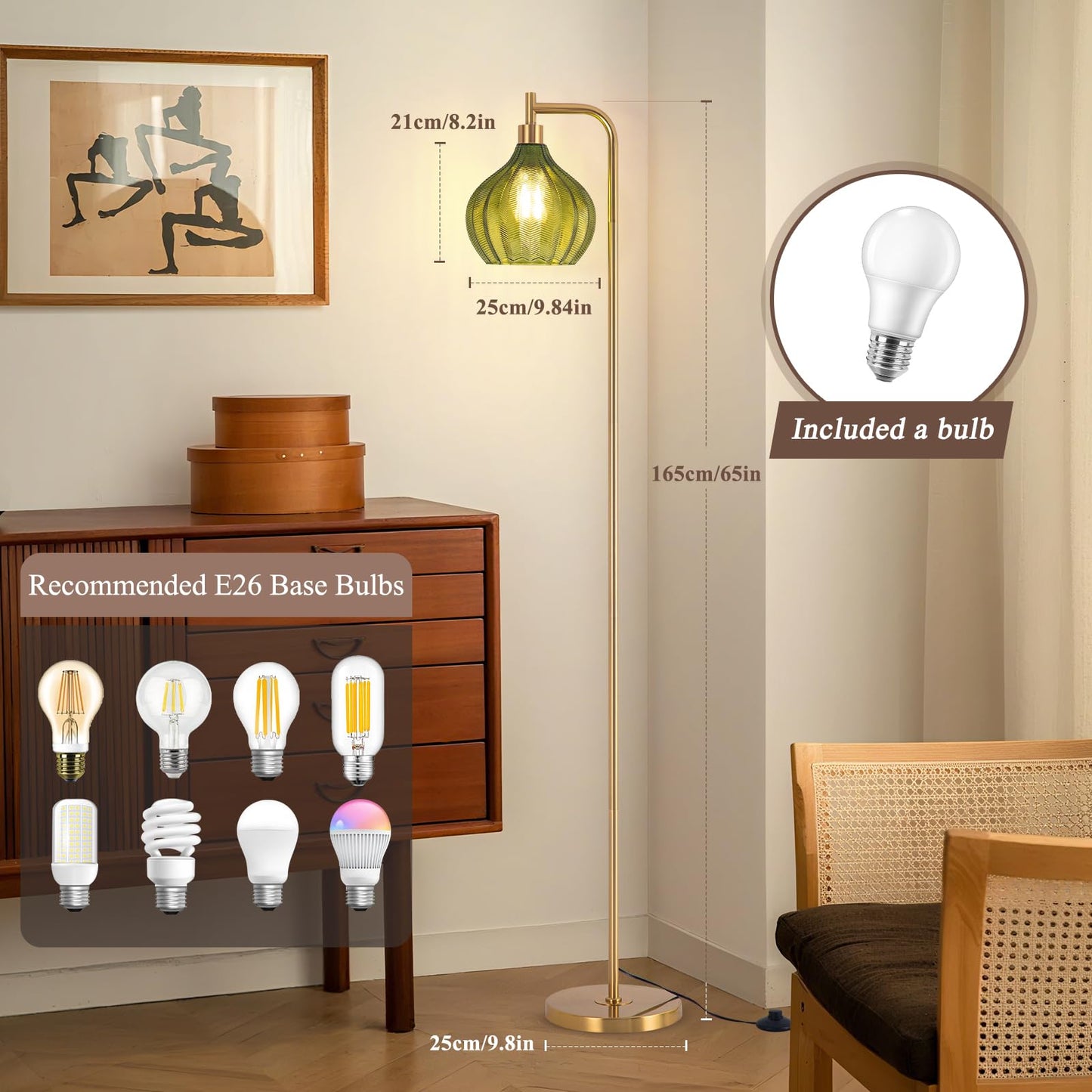 EIDISUNY Floor Lamp for Living Room, Modern Standing Lamp with Remote, Dimmable, 3CCT, Arc Tall Floor Lamp with Green Glass Lampshade for Bedroom Study Room Office (Bulb Included)