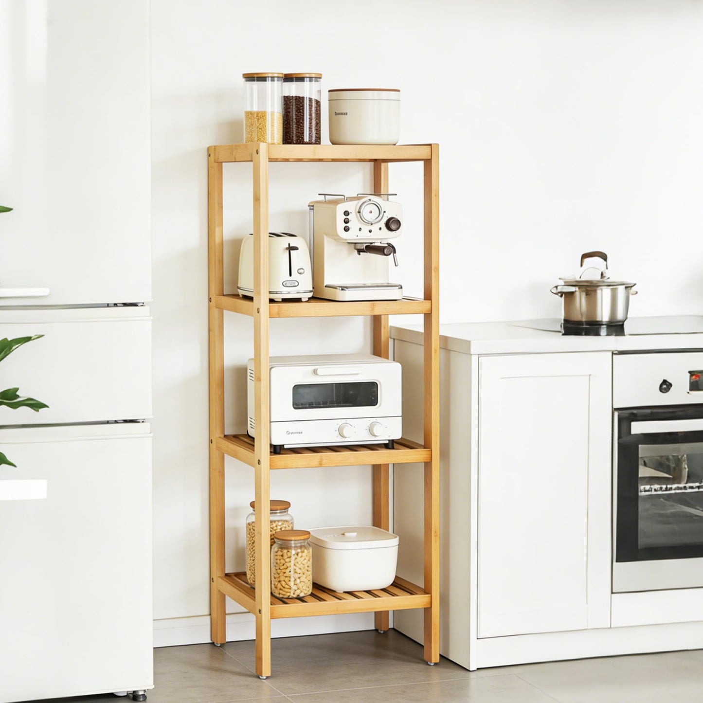 Garvee 4-Tier Bamboo Shelf Narrow Bathroom Shelf with Slatted Shelves Natural Wood Plant Stand Standing Towel Rack Corner Rack for Bathroom Entryway Bedroom Kitchen Sunroom