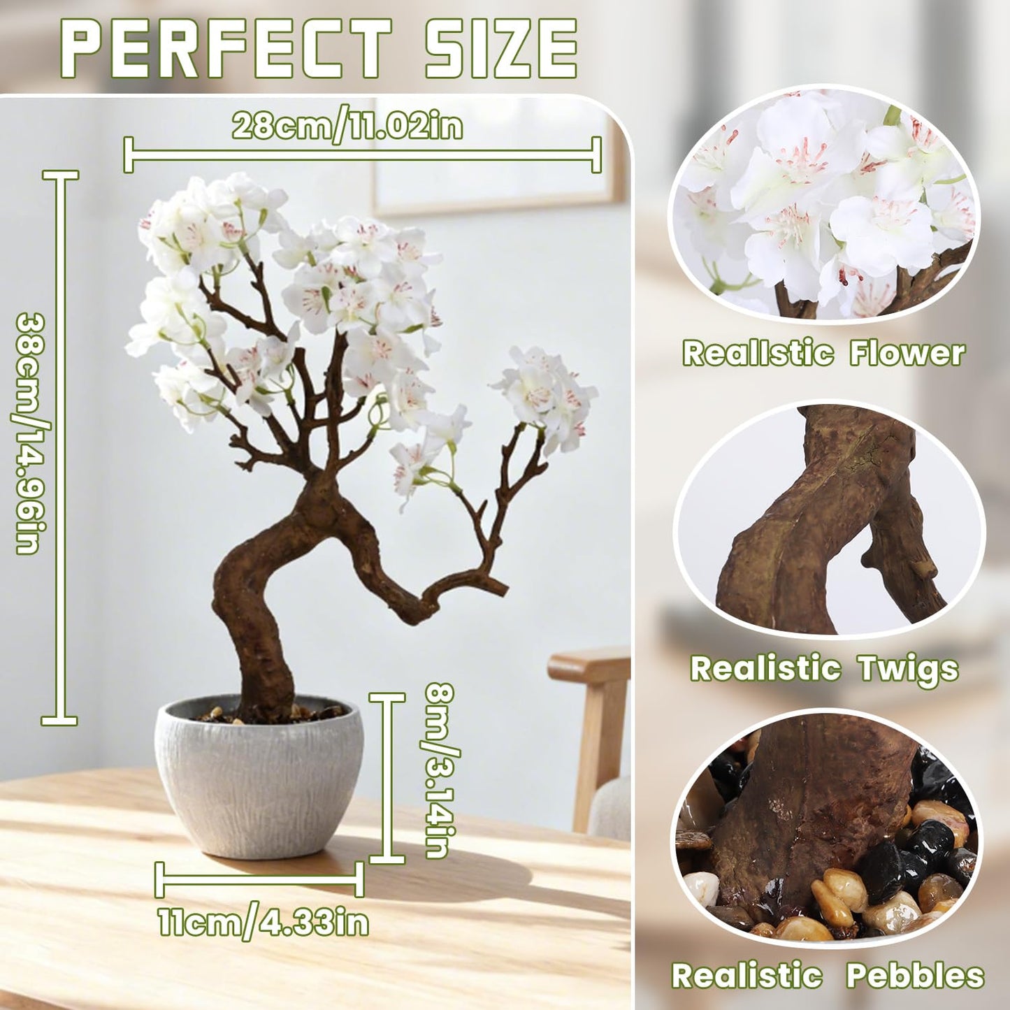 TOARTi Artificial White Cherry Blossom Potted Plant with Stone Pot, 12.2" Tall Fake Flowers Faux Plant Desk Decor, Decorative Plants Indoor Decor for for Home Bedroom Bathroom Office Desk