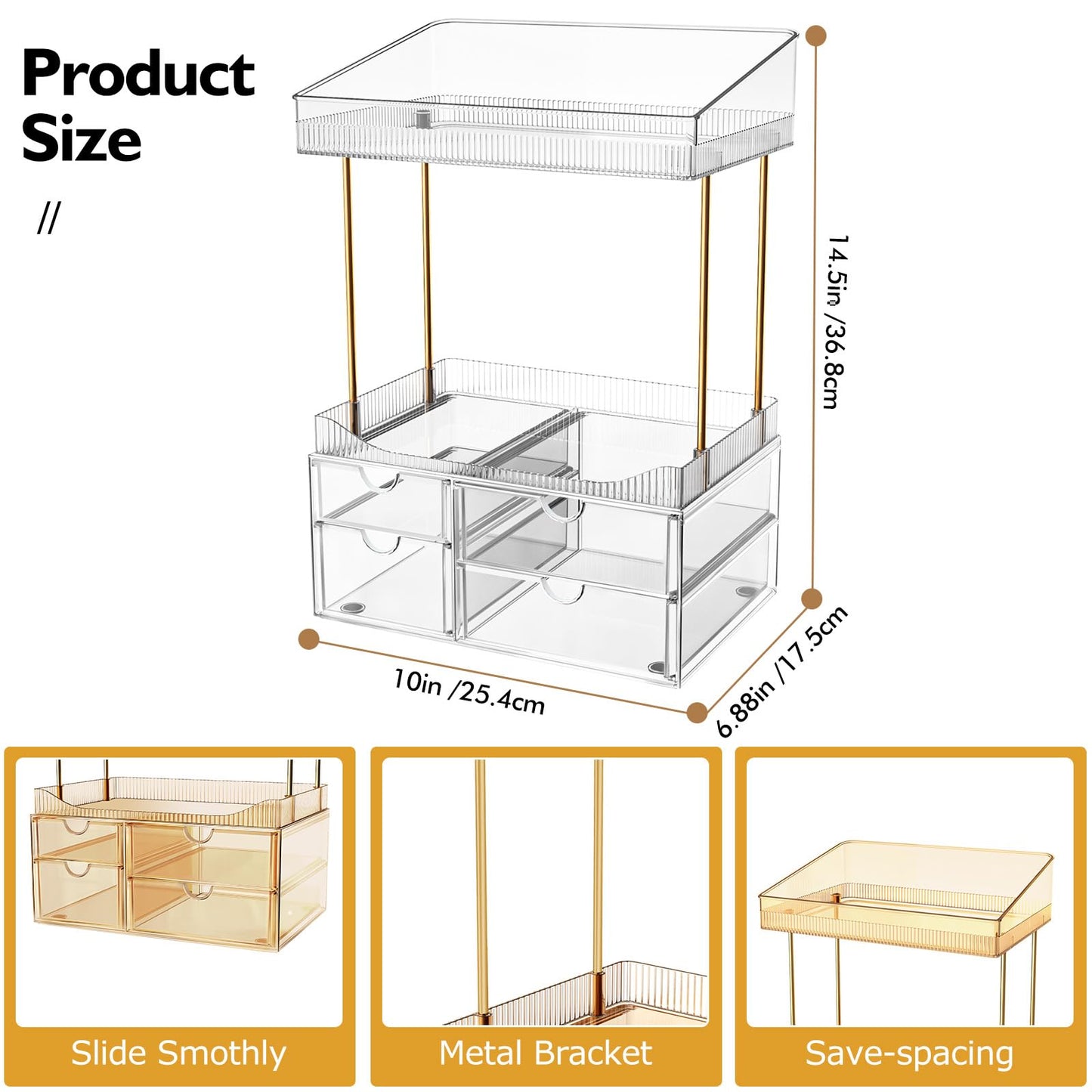 SNSLXH Makeup Organizer Bathroom Storage- 4 Tier 4 Drawer Makeup Storage, Transparent Clear Cosmetics Organiser, Ideal for Cosmetic Perfume Skincare, for Countertop, Bathroom, Office Supplies, Dresser