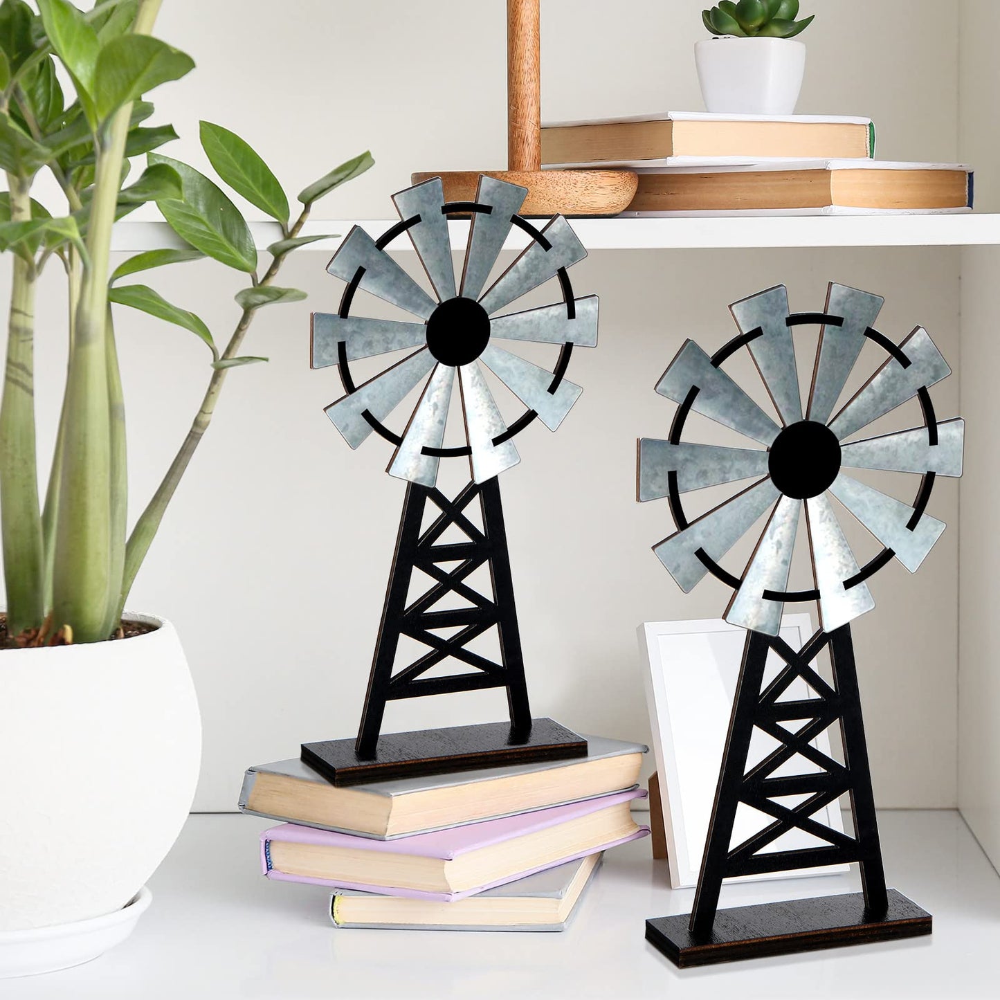 Yalikop Set of 2 Wooden Farmhouse Windmill Table Top Decor Wood Small Distressed Black Grey Rustic Windmill Themed Table Decor for Kitchen Garden Home