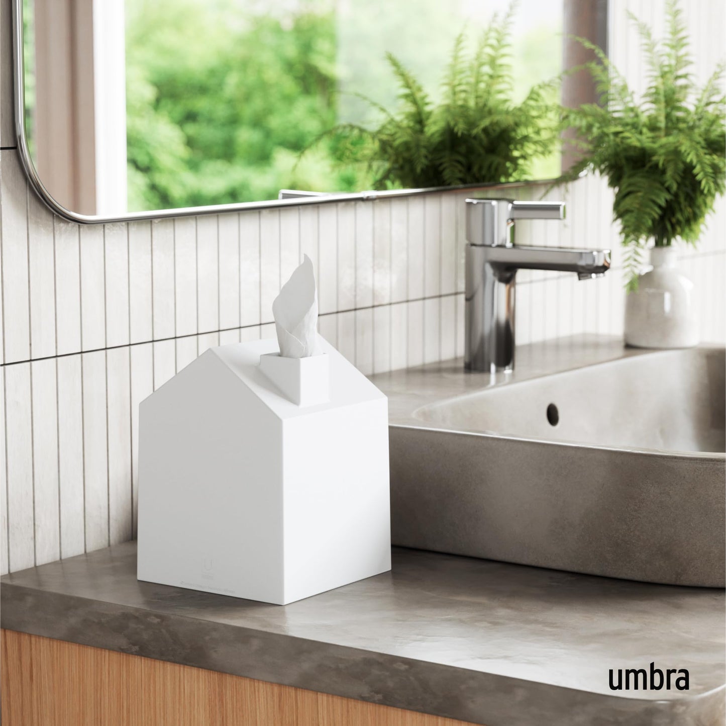 Umbra Casa Tissue Box Cover, Adorable House Shaped Square Kleenex Box Holder for Bathroom, Bedroom or Office, White