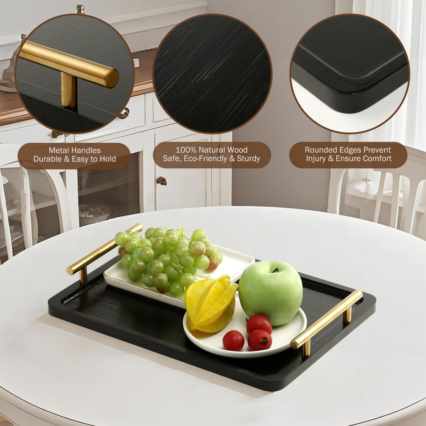 PEKER Wooden Serving Tray with Metal Handles, Black Decorative Coffee Table Tray for Breakfast in Bed, Ottoman & Home Décor, Wooden Food Tray for Kitchen, Living Room & Dining Table