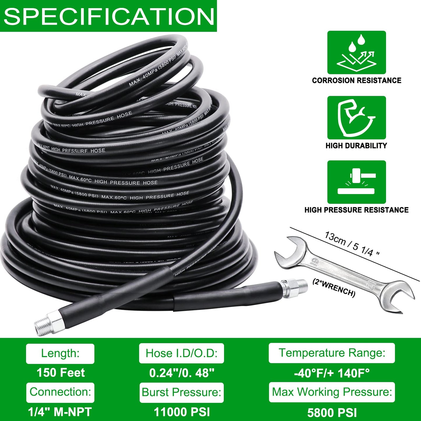West Bay 150FT Sewer Jetter Kit for Pressure Washer, 5800PSI Drain Cleaner Hose 1/4 Inch NPT, Corner, Rotating and Button Nose Sewer Jetting Nozzle Waterproof Tape Pearl Corsage Pin with 2Pcs Spanner
