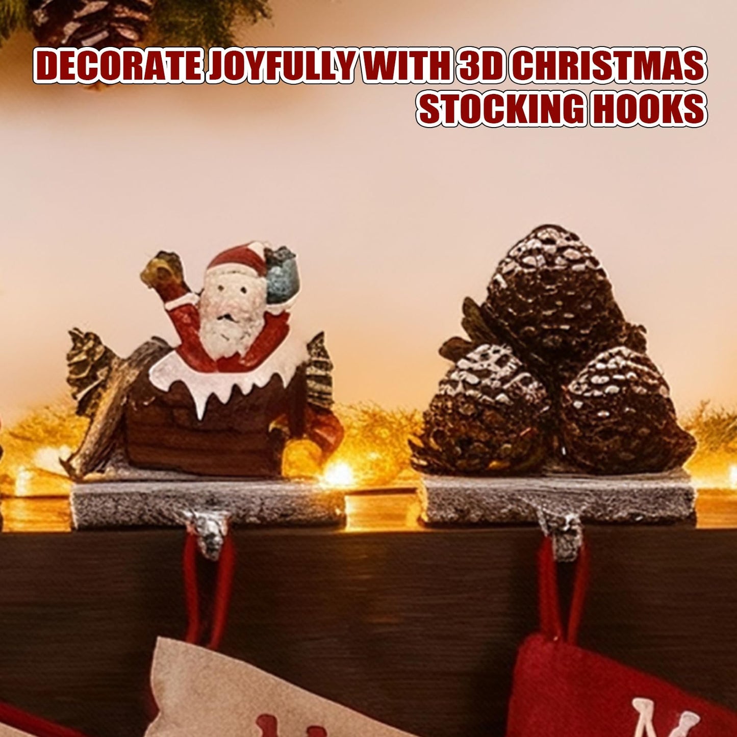 IGOHEALS Stocking Holders for Mantle – 3D Christmas Stocking Holder Heavy Duty Cast Iron Garland Hangers for Mantel with Non-Slip Base | Xmas Decor, Sturdy Fireplaces Hook (Pine Cone and Santa)