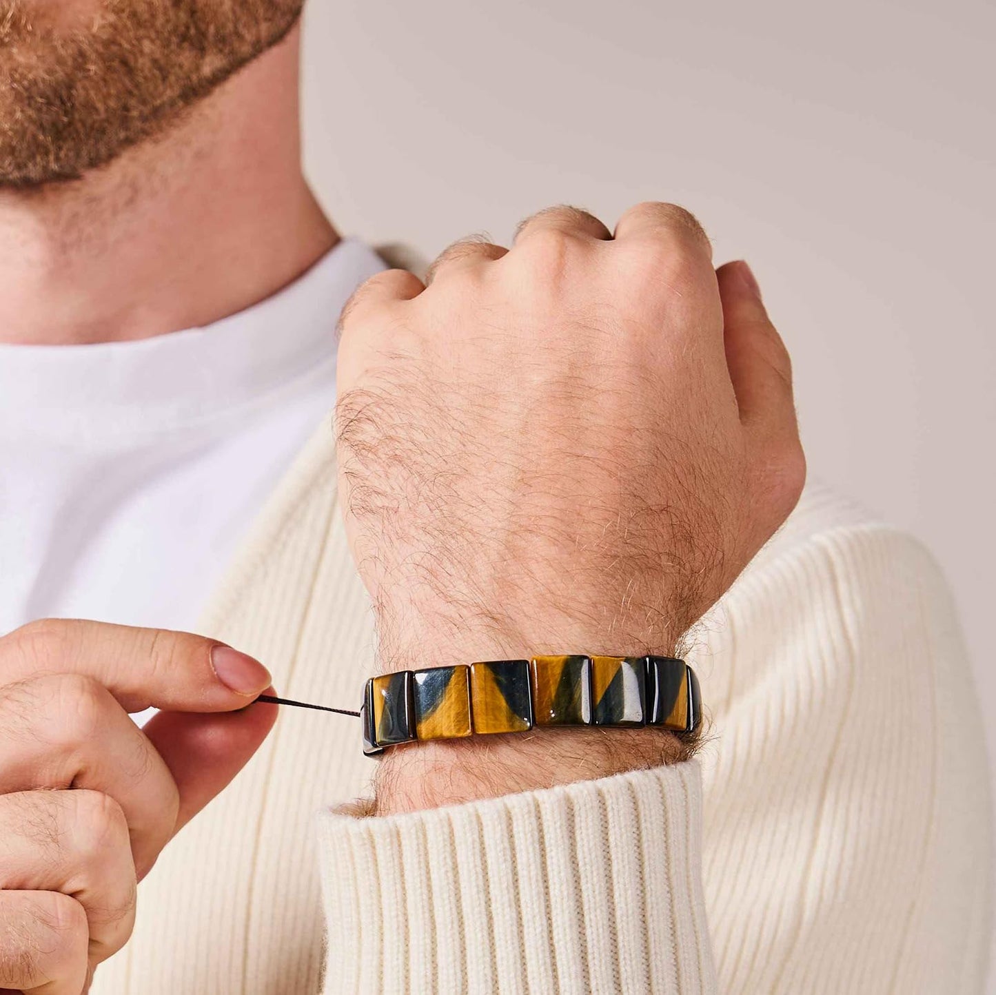GALKCRST Tiger Eye Bracelet for Men Yellow & Blue Energy Beads with Stainless Steel Chain with Adjustable Knot Healing Crystal Bracelet for Protection and Balance - Gift Ready for Dad Husband Son