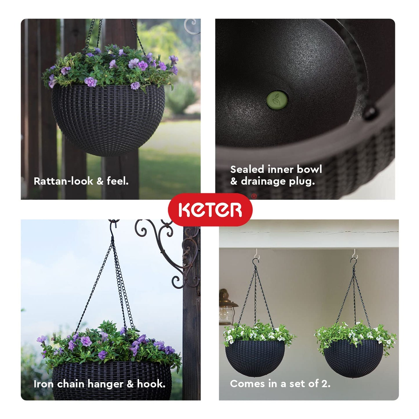 Keter Resin Rattan Set of 2 Round Hanging Planter Baskets for Indoor and Outdoor Plants-Perfect for Porches and Patio Decor, Graphite