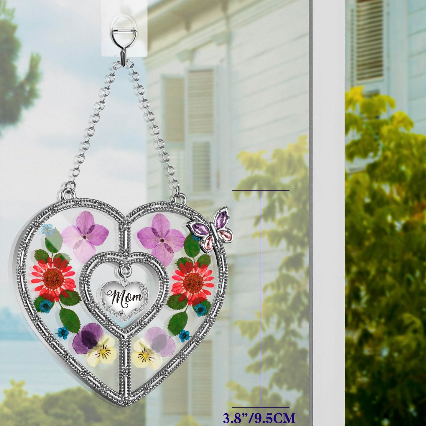 West style Heart Suncatcher Wind Chime with Butterfly Wing Pressed Real Flower Gifts for Mom, Stained Glass with Hook and Heart Hang Tag, Birthday for Mother Grandmother (Mom)
