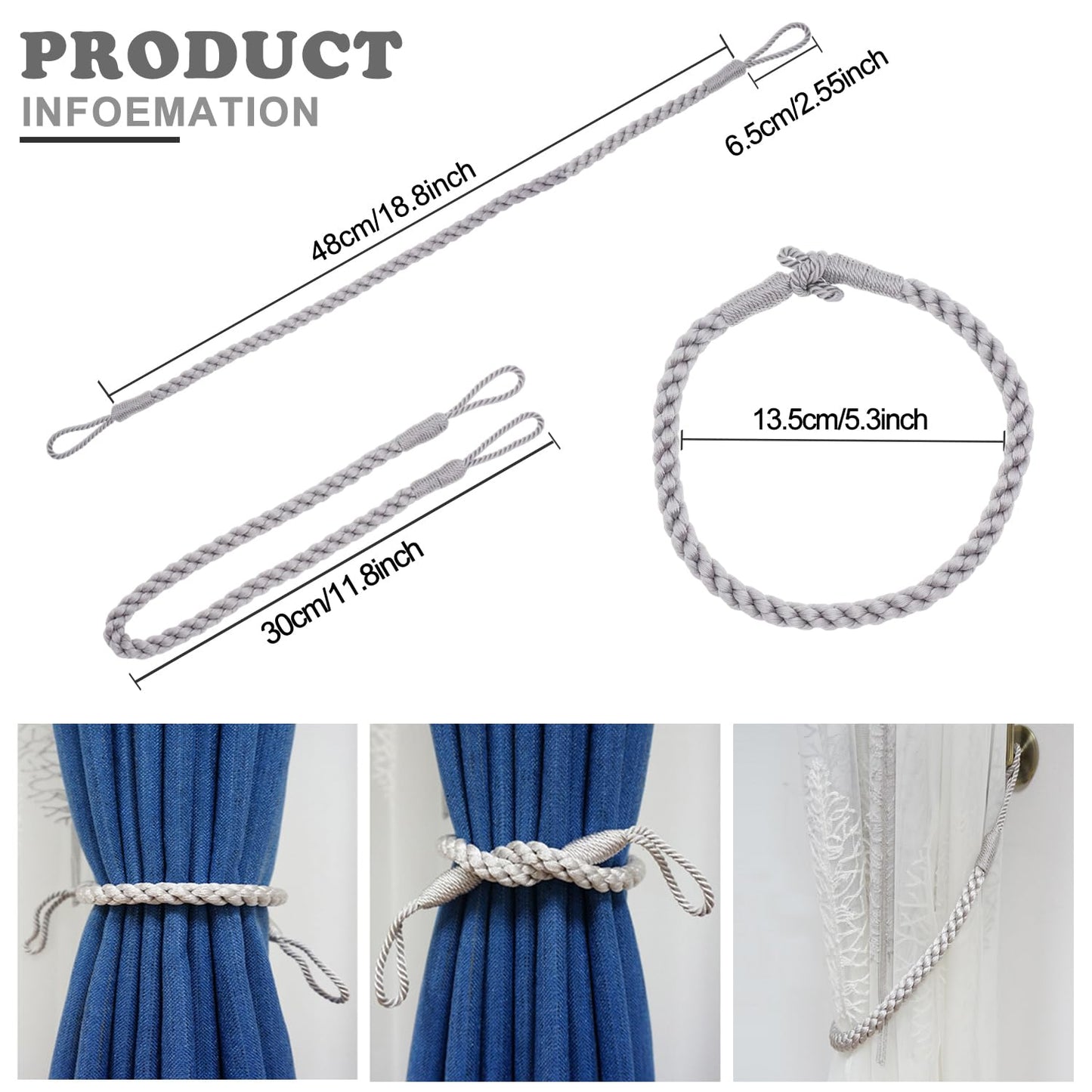 Hiastra Curtain Tiebacks Ropes, 2pcs Decorative Handmade Tie Backs Curtain Holdbacks Holders Cord for Window Sheer Drapes Indoor Outdoor, Grey