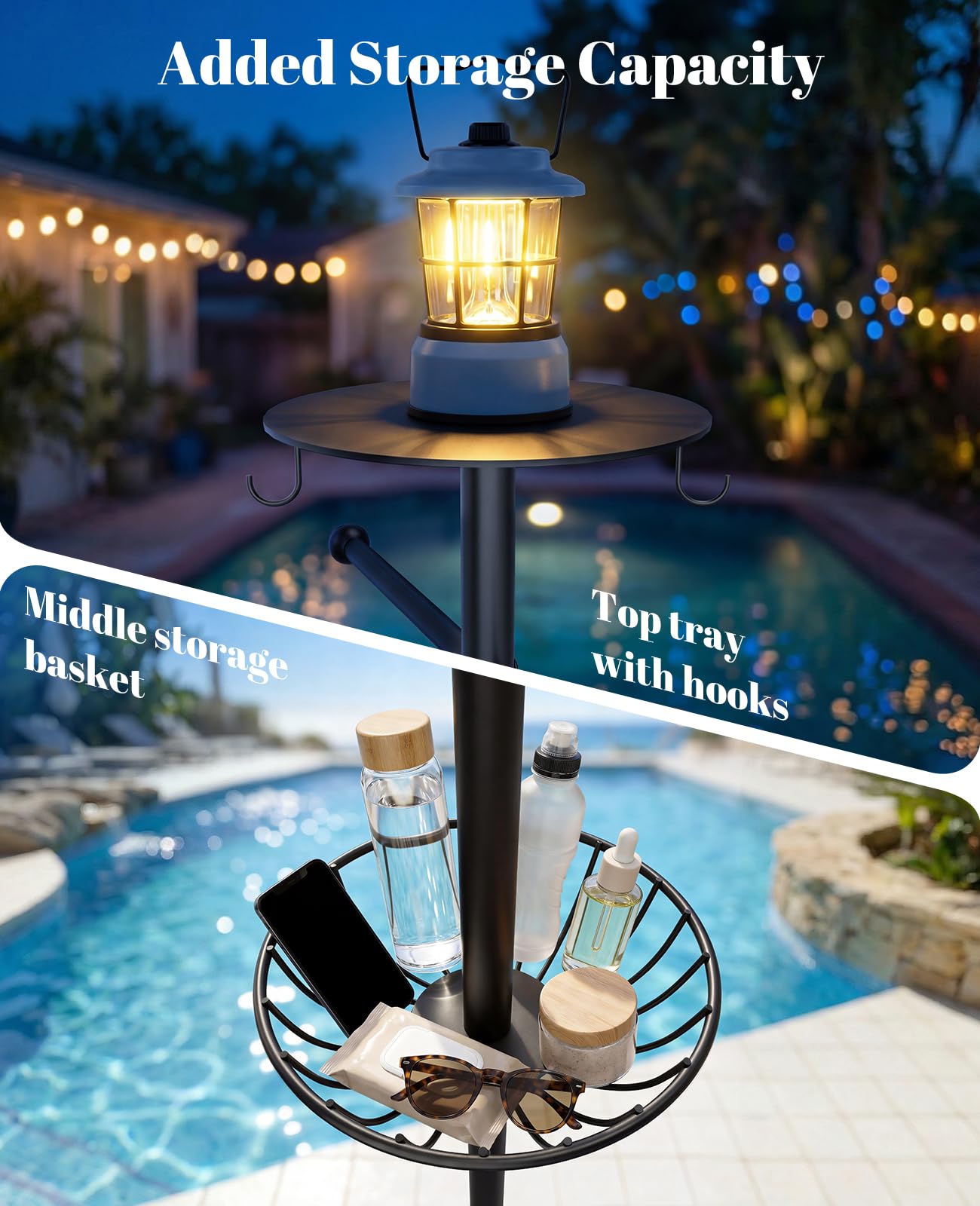 Luxspire Pool Towel Rack Outdoor, 6 Bars Outdoor Pool Towel Holder, 63 inch Heavy Duty Pool Accessories Outdoor Towel Rack with Tray and Hooks Storage for Beach, Hot Tub, Bathroom, Backyard, Black