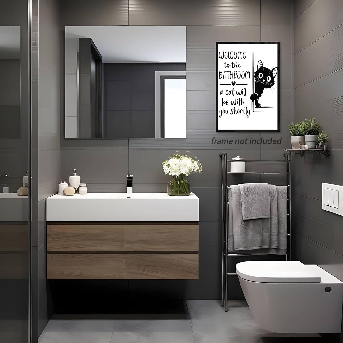 HNNXAR Funny Cat Bathroom Wall Art,Welcome To The Bathroom A Cat Will Be With You Shortly Paintings Posters,Black and White Funny Canvas Pictures Prints,Cute Black Cat Wall Decor 12x16in Unframed