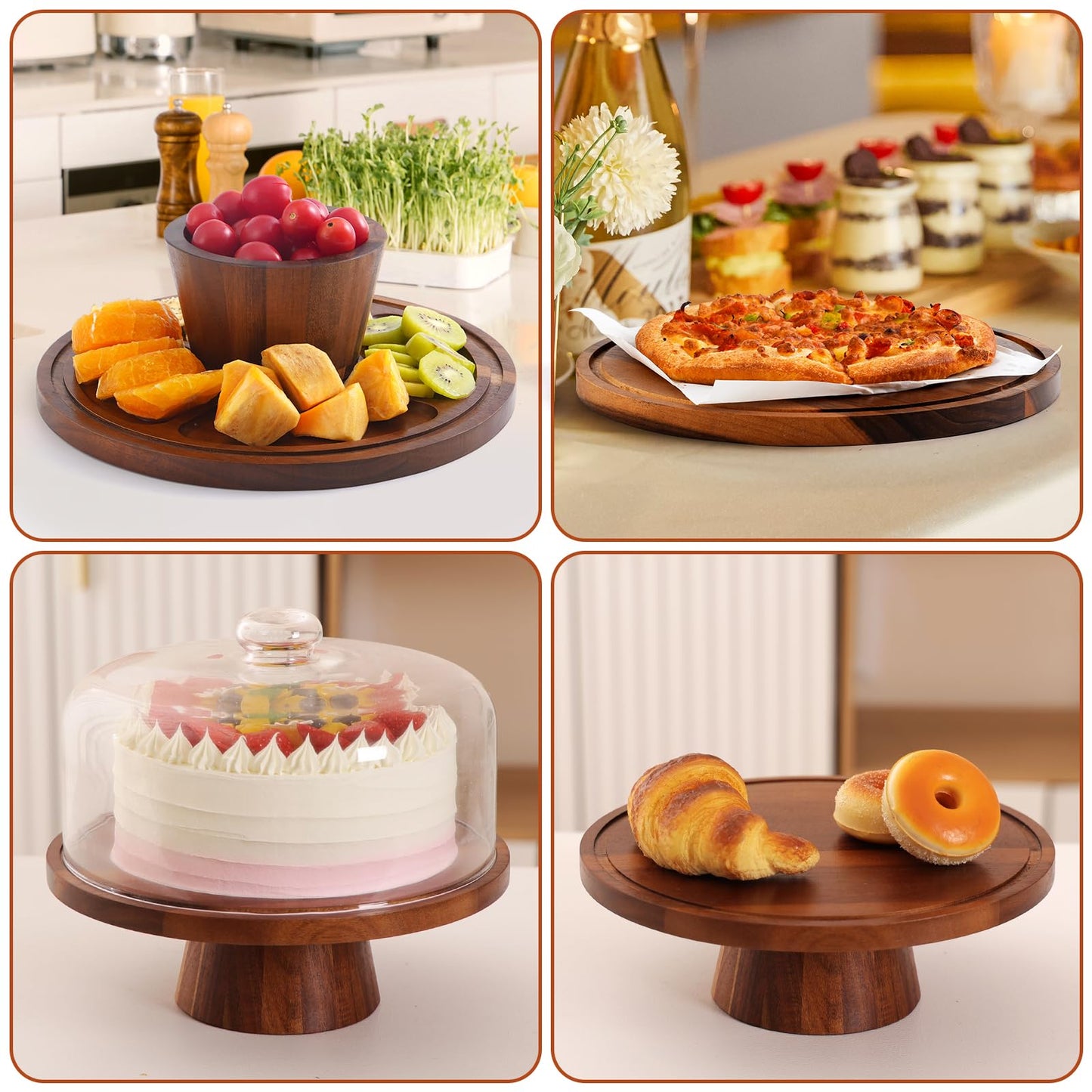 ChilkukUie Acacia Wood Cake Stand with Glass Lid – 12" Magnetic Base, Detachable Serving Tray for Cake, Cheese, Charcuterie, Snacks & Desserts – Wooden Cake Holder for Parties & Kitchen Display