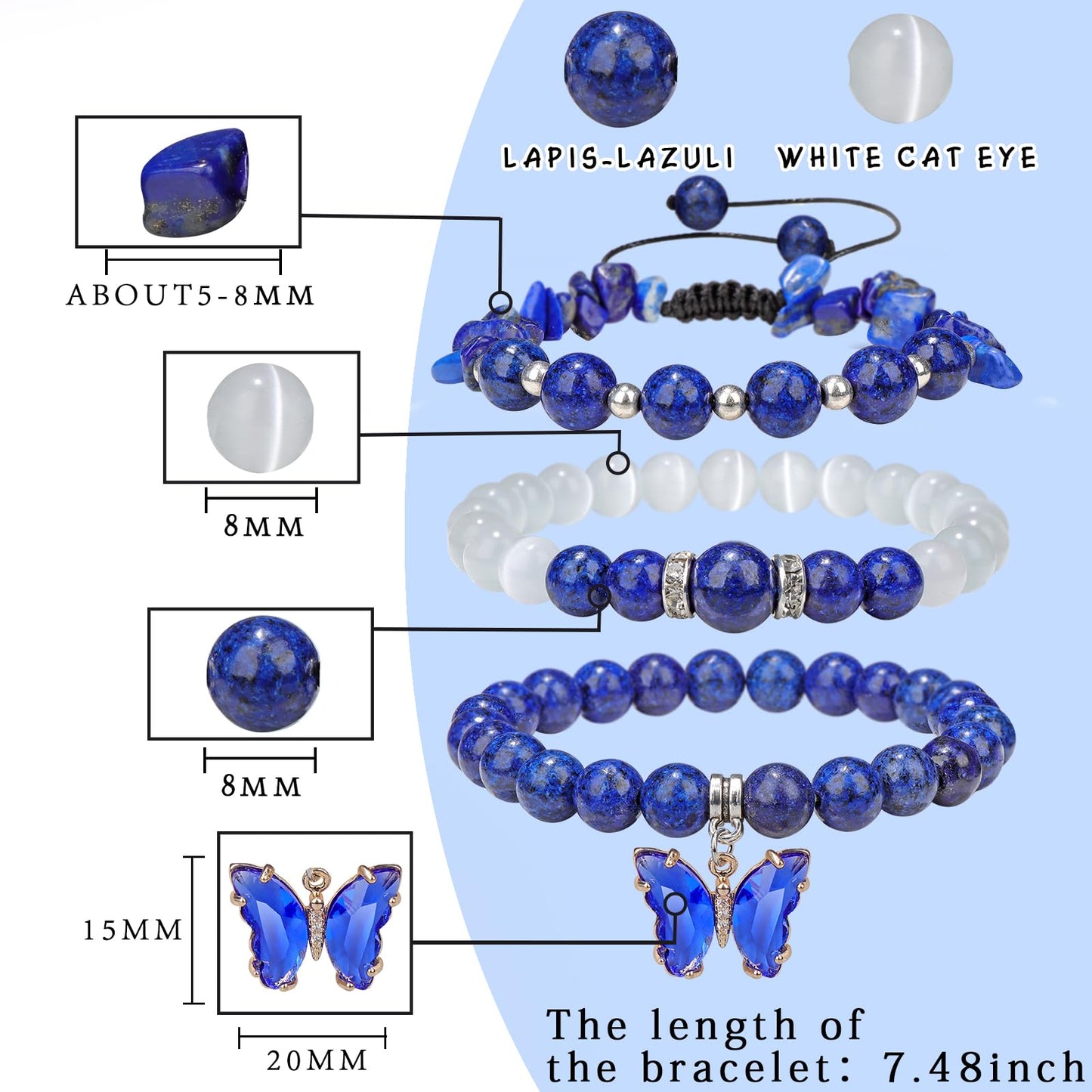 Raicegs Healing Crystal Bracelets for Women Lapis Lazuli Butterfly Bracelet Set 8mm Natural Stone Beaded Bracelet Anxiety Stress Relief Purple Bracelets for Women