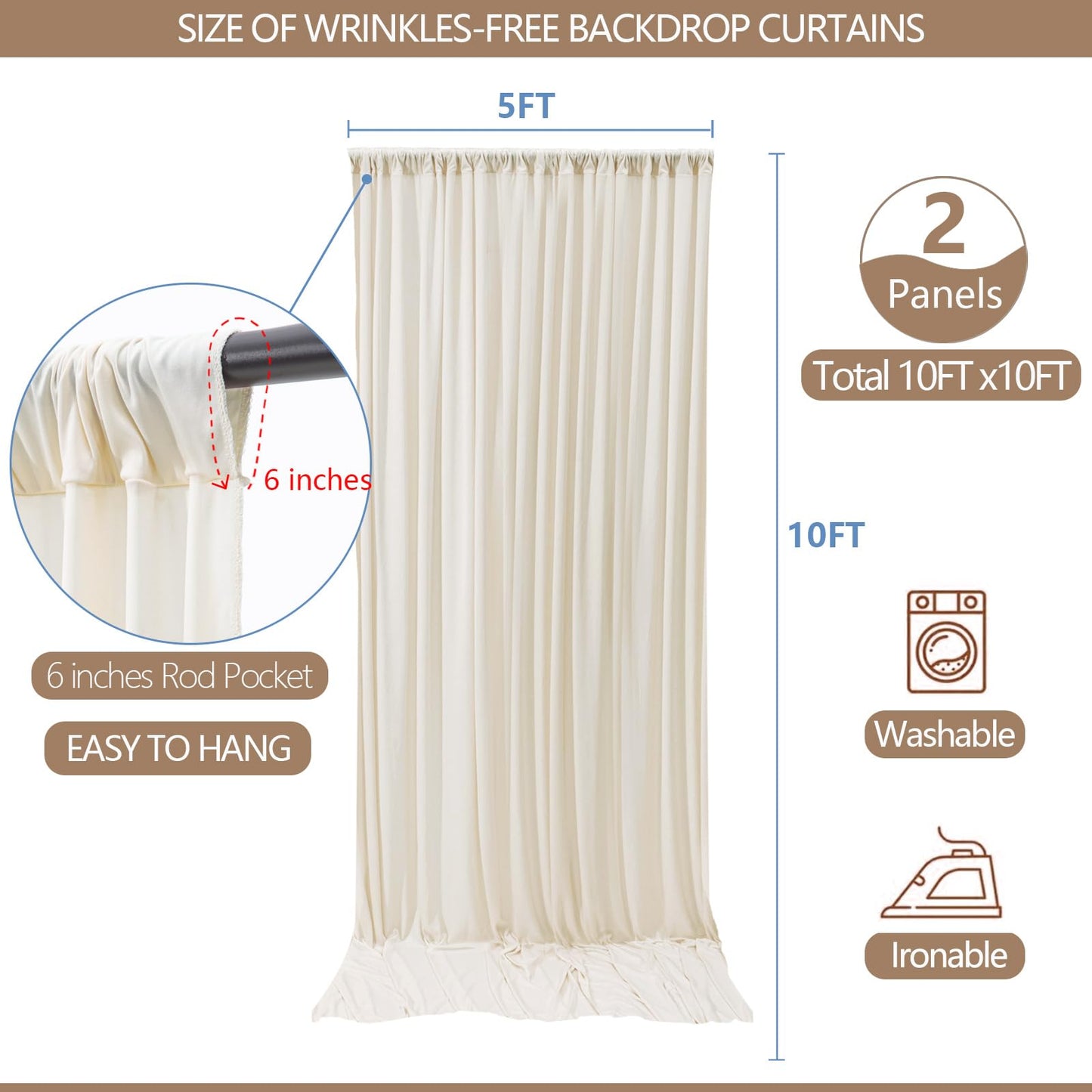 10x10ft Wrinkle Free Ivory Backdrop Curtain for Parties Soft Fabric Drapes Wedding Ivory Curtain Backdrop for Birthday Party Decorations Background for Photography 5x10ft,2 Panels