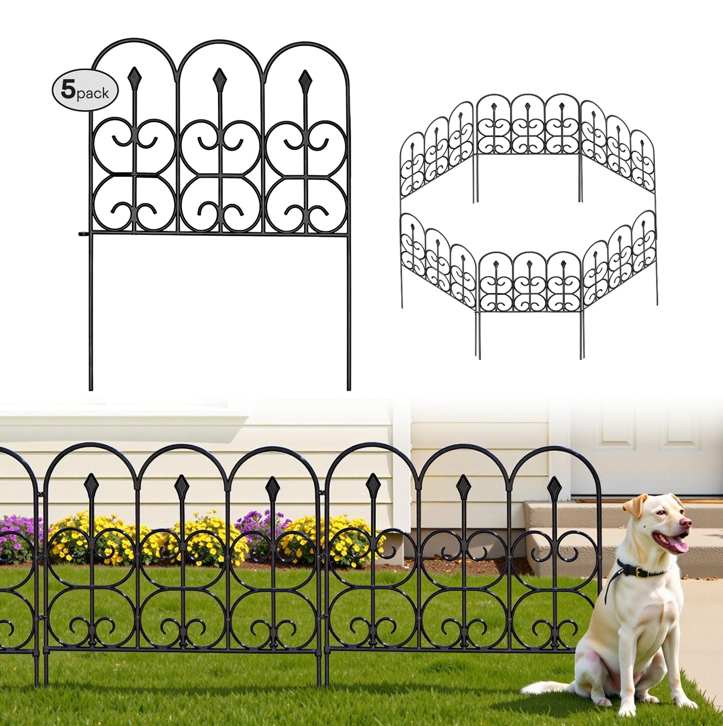 Idzo Heavy Duty Steel 32in x 10ft (5 Panels) Decorative Garden Fence, No Dig Decorative Fence, Rustproof Metal Garden Fence Border for Outdoor Yard Patio, Small Animal Barrier Fence for Dog Rabbit Pet