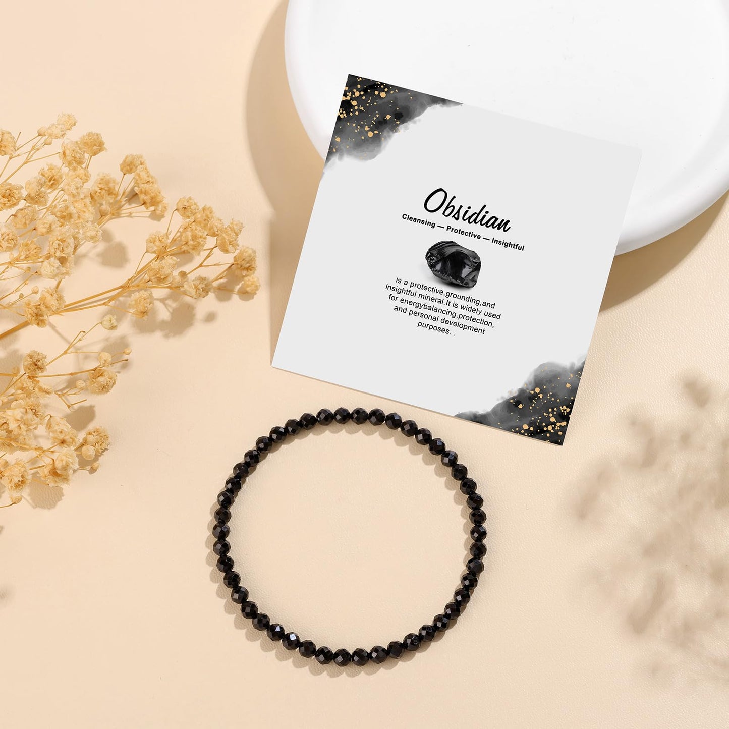 GolbalJew Natural Gemstone Beads Bracelets Healing Crystal Stone Beaded Bracelet for Women Men Handmade Spiritual Jewelry Gifts, 4mm Obsidian Faceted Round Beads