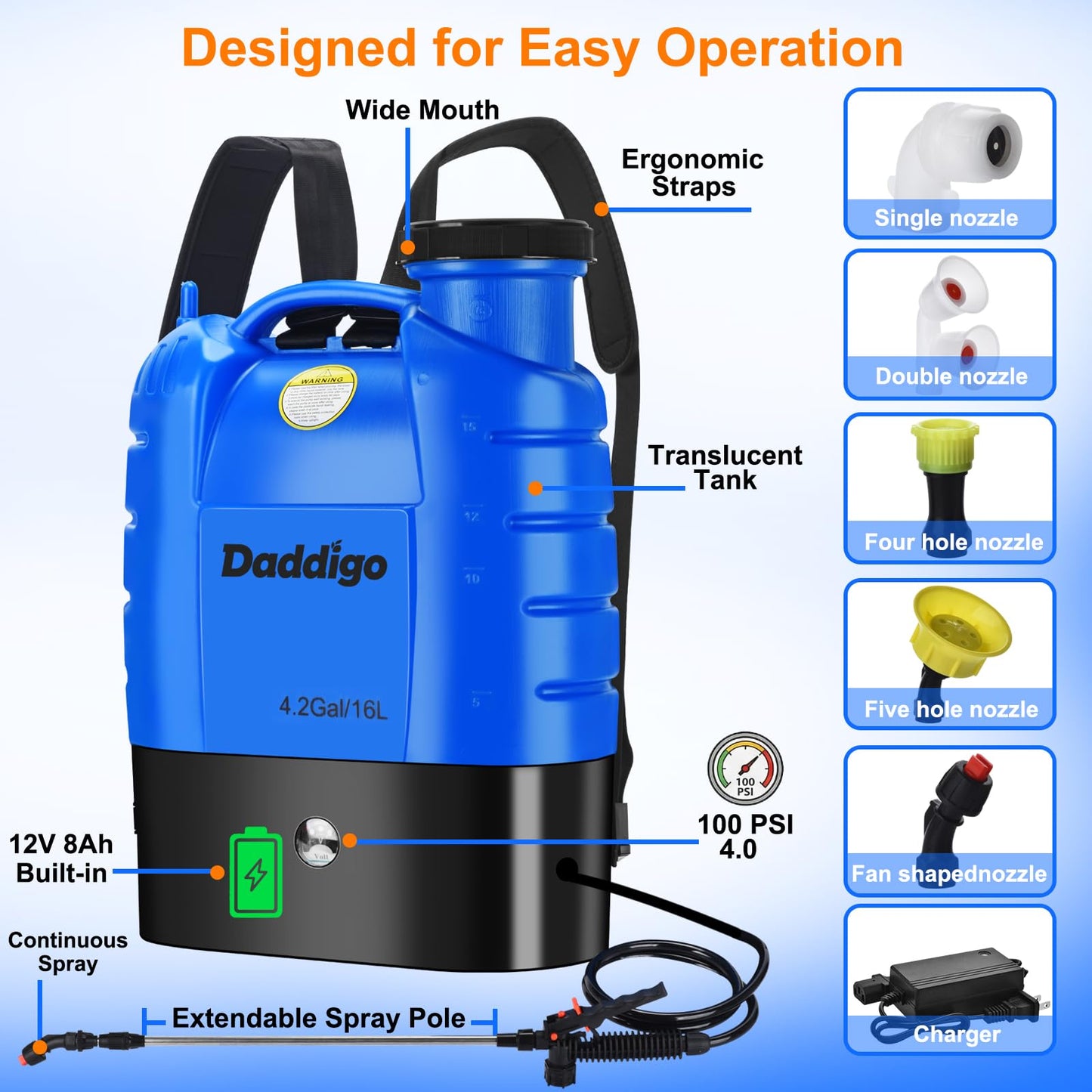 4 Gallon Battery Operated Backpack Sprayer, 100 PSI Electric Garden Sprayer with 12V 8Ah Rechargeable Battery, Trigger Lock, Stable Pressure Pump, Adjustable Nozzles for Lawn Care & Garden