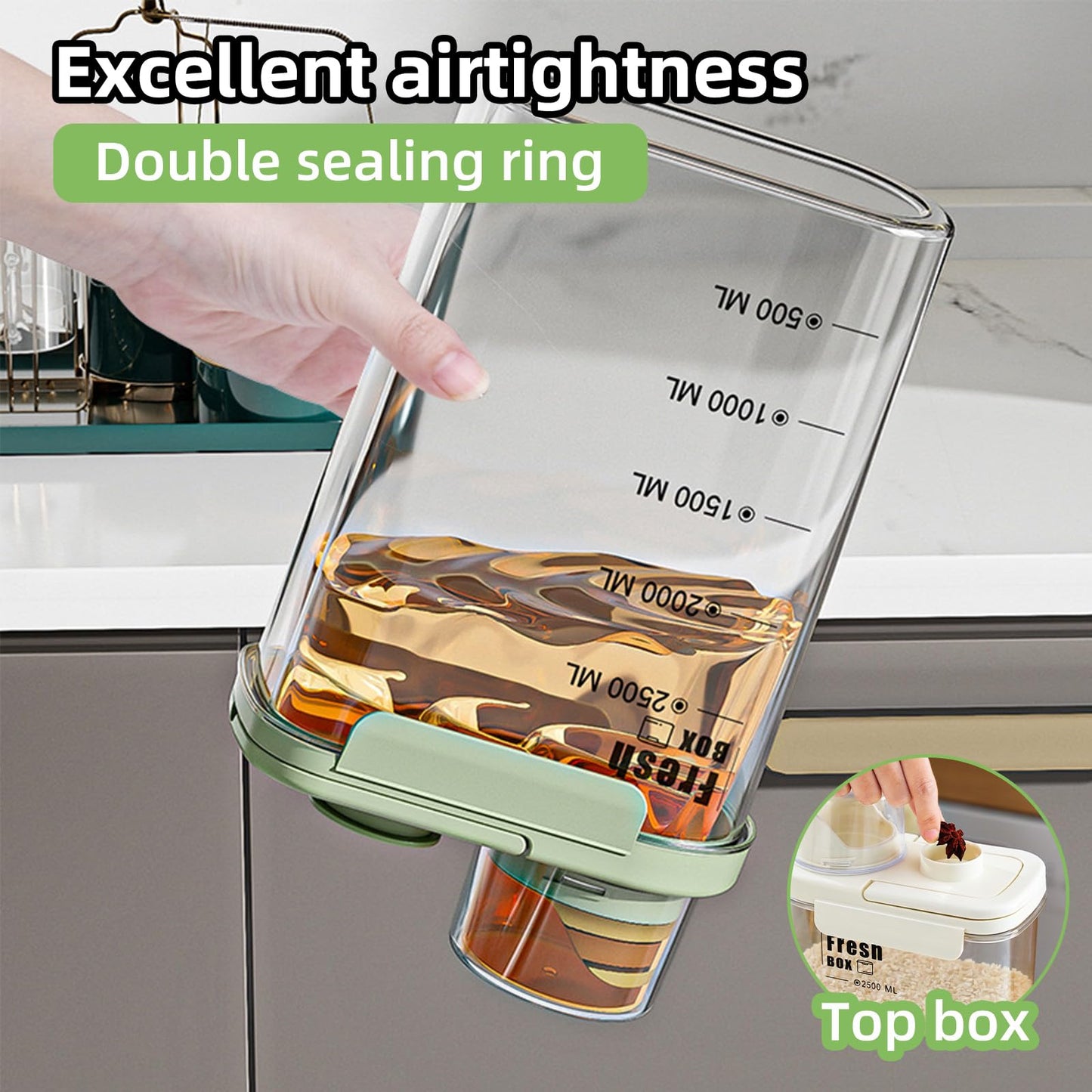 KTBLVFN Airtight Rice Storage Container,with Pour Spout & Measuring Cup, BPA-Free - Transparent Dry Food Canister for Cereal, Flour, Pet Food, Oatmeal, Pantry Storage (Light Grass Green, 1600ml)